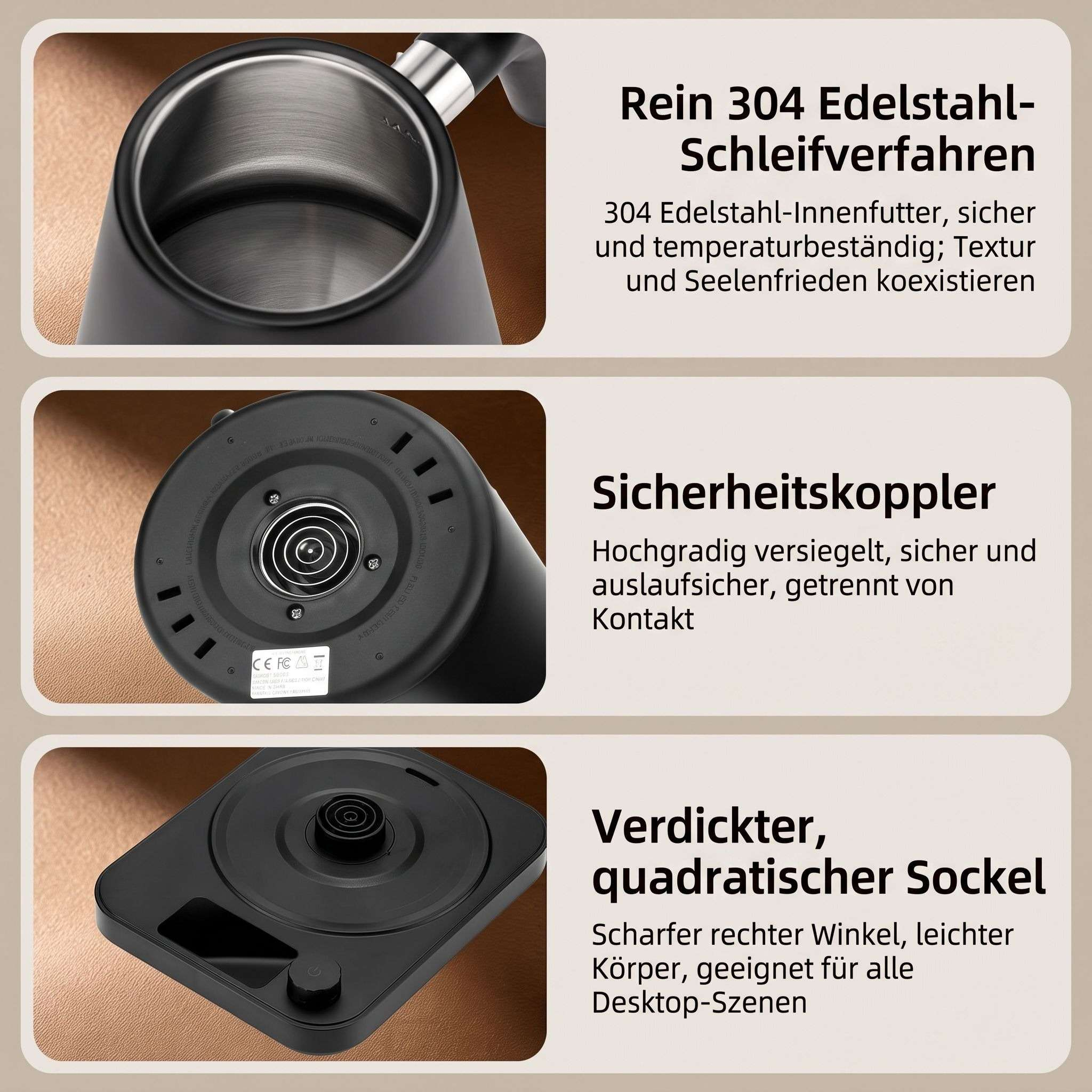 Drei Produktbilder zeigen Edelstahl-Innenfutter, Sicherheitskoppler und quadratischen Sockel eines Wasserkochers.