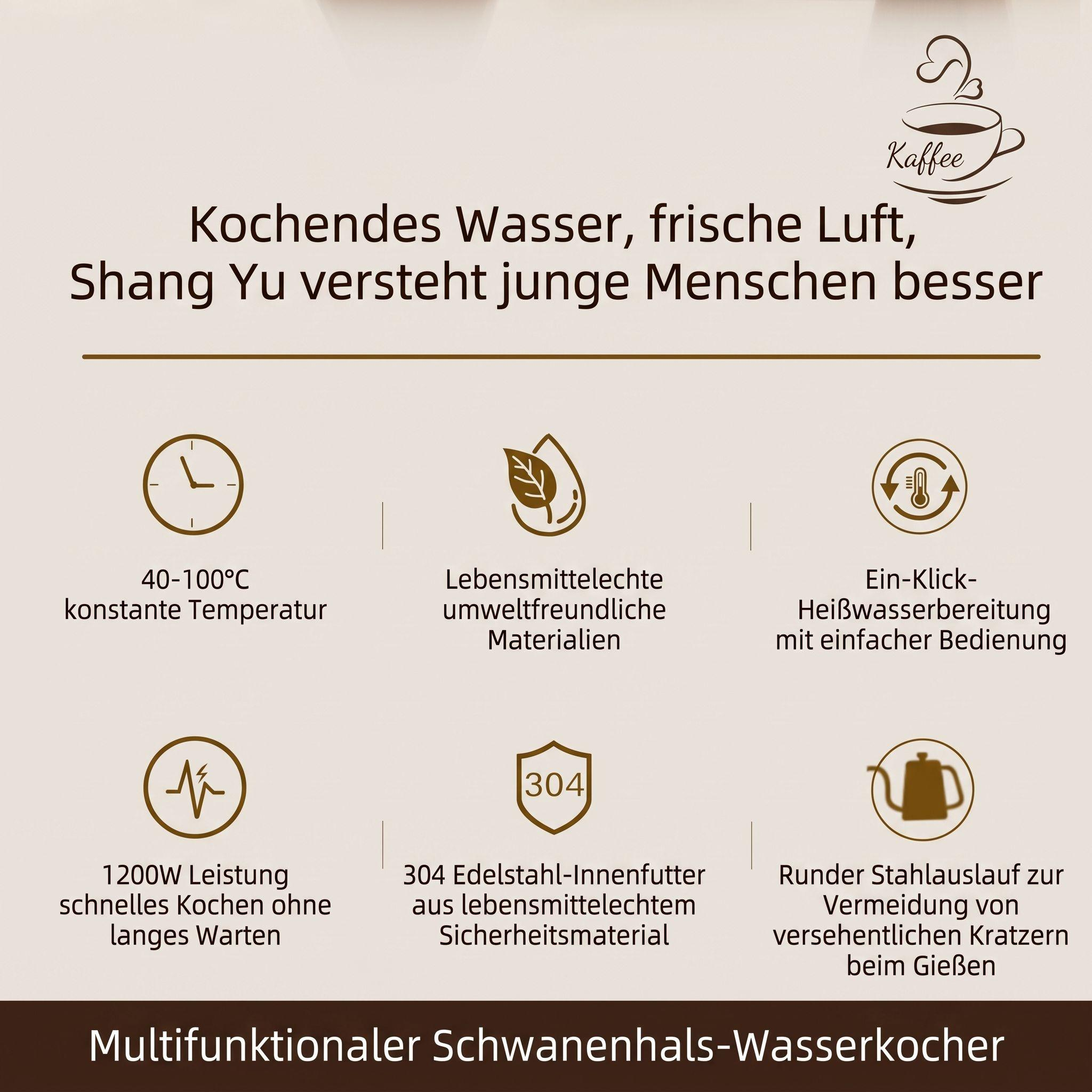 Infografik mit Funktionen eines Multifunktions-Schwanenhals-Wasserkochers auf beigeem Hintergrund.