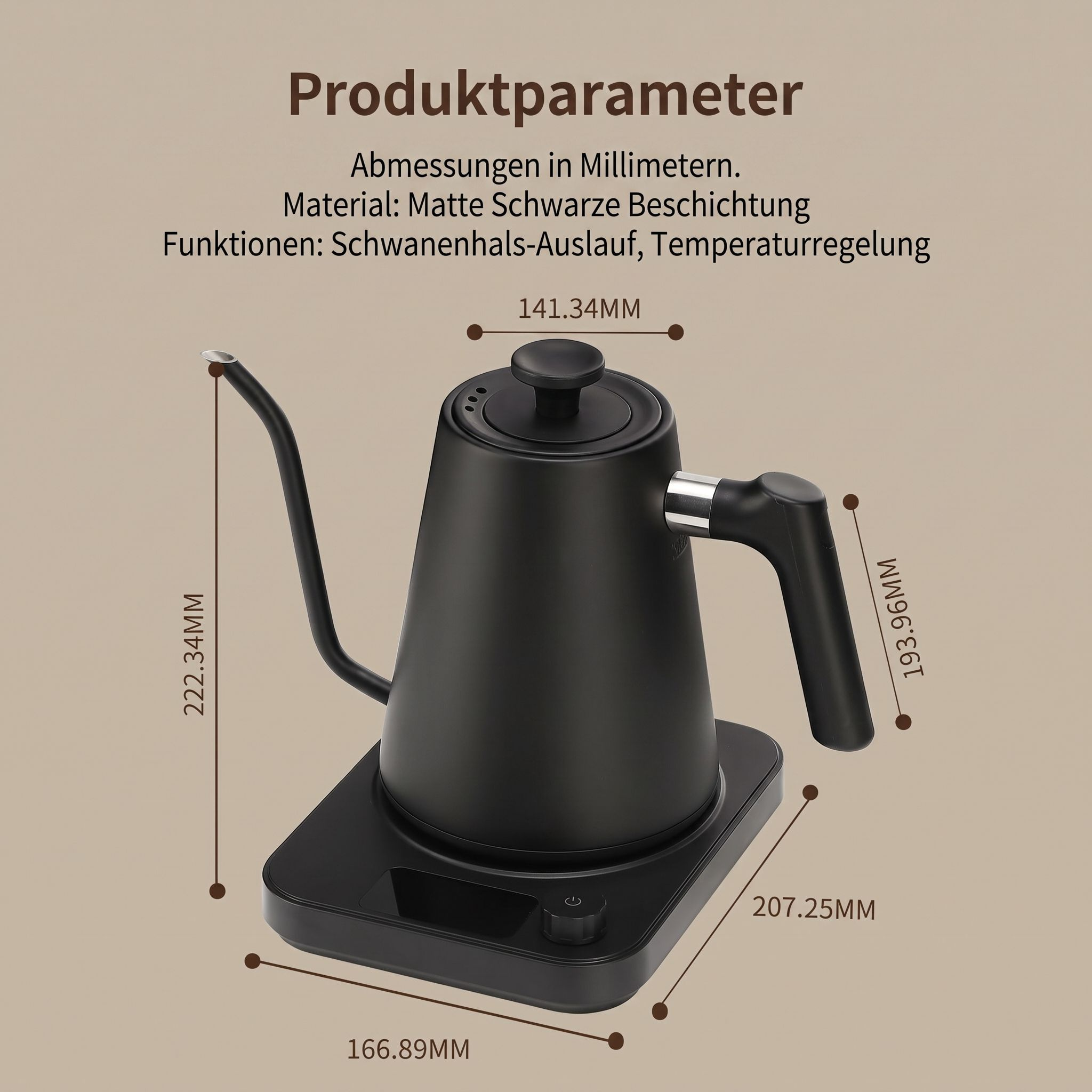 Schwarzer elektrischer Wasserkocher mit Schwanenhalsauslauf und Temperaturregelung, inkl. Abmessungen.