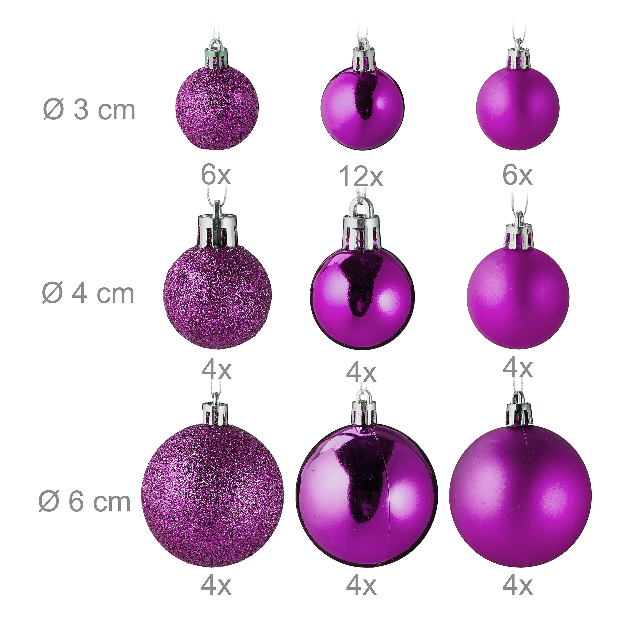 Violette Weihnachtskugeln in verschiedenen Größen und Ausführungen mit Maßangaben.