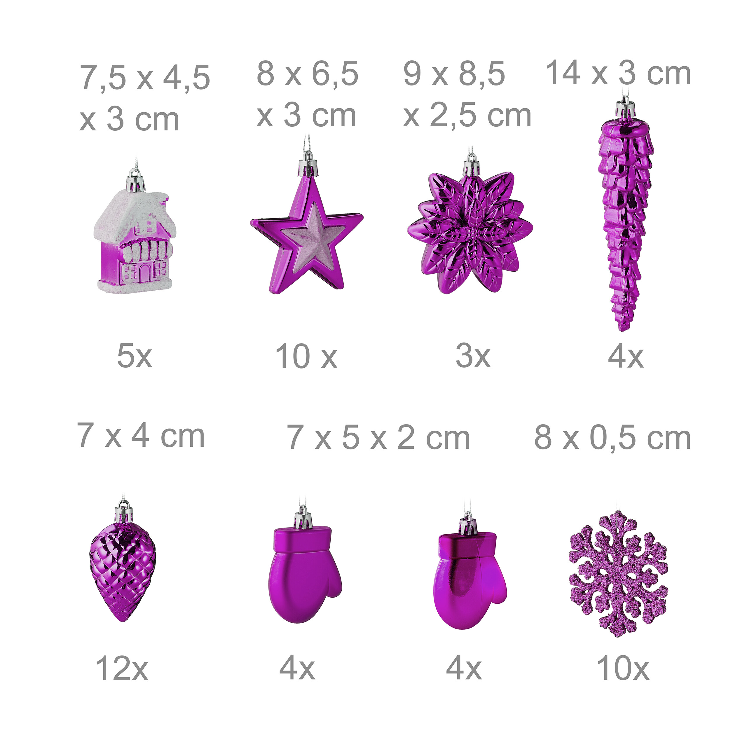 Verschiedene violette Weihnachtskugeln und Ornamente mit Größenangaben und Mengen.