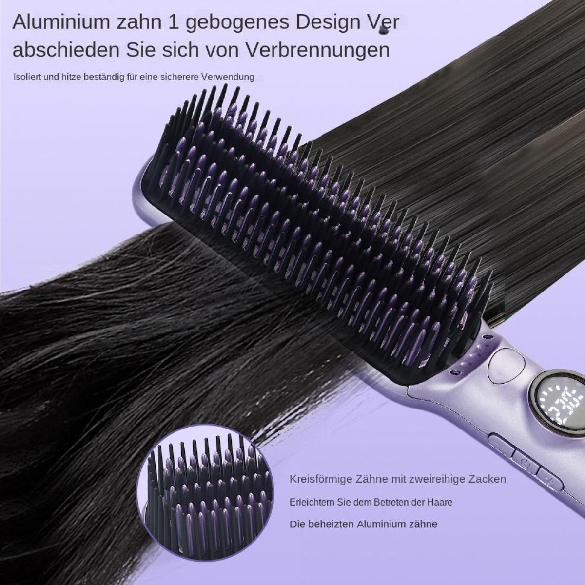 Glättungsbürste mit violettem Griff kämmt glattes, schwarzes Haar. Digitalanzeige zeigt Temperatur.