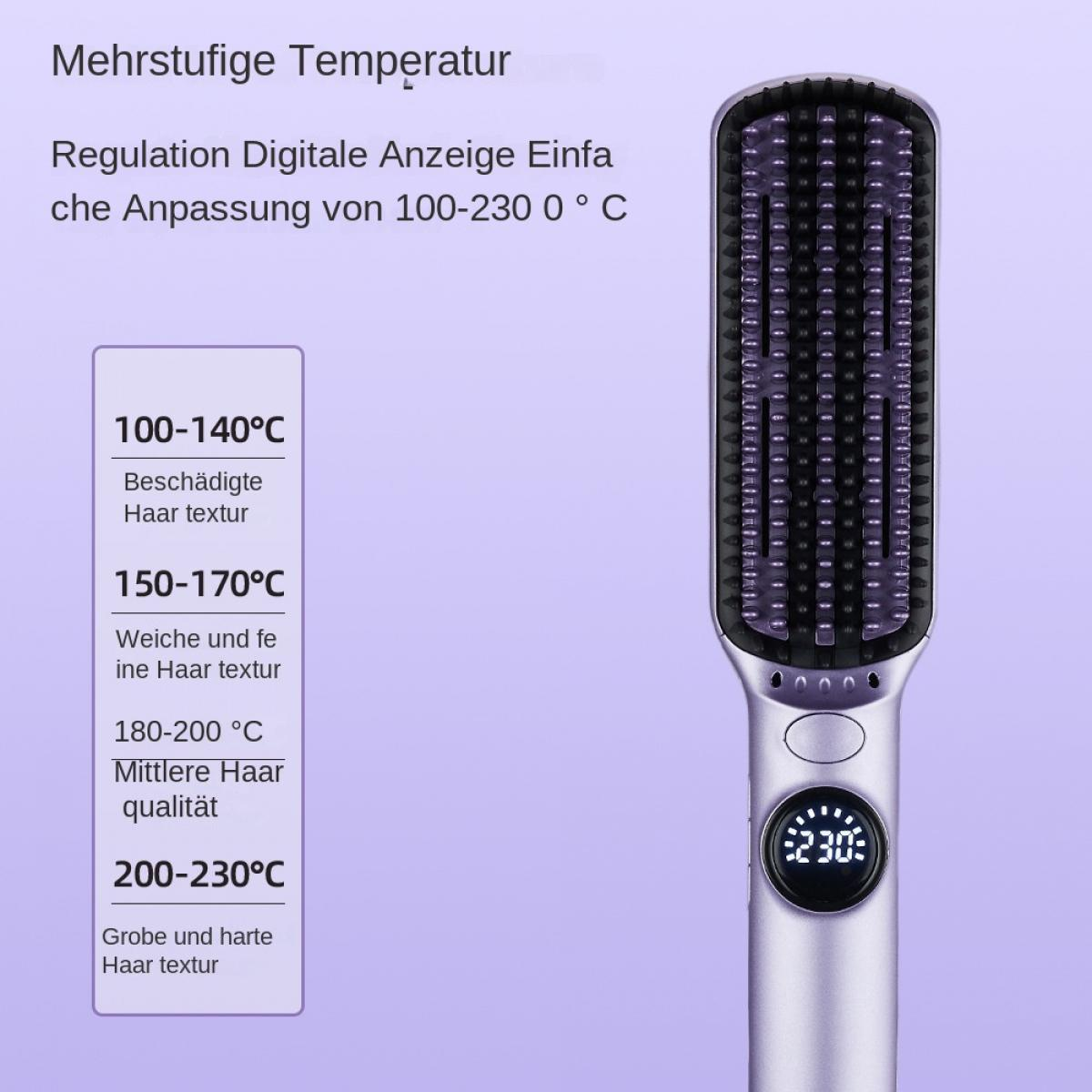 Lila Glättungsbürste mit digitaler Temperaturanzeige und einer Anleitung für empfohlene Einstellungen.