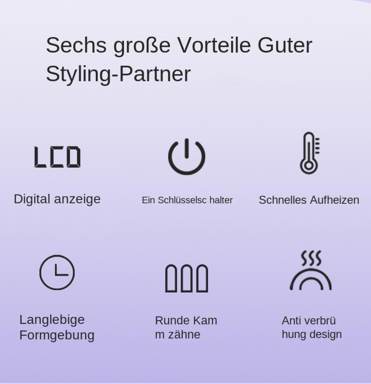 Sechs Produktvorteile mit Symbolen auf lila Hintergrund.