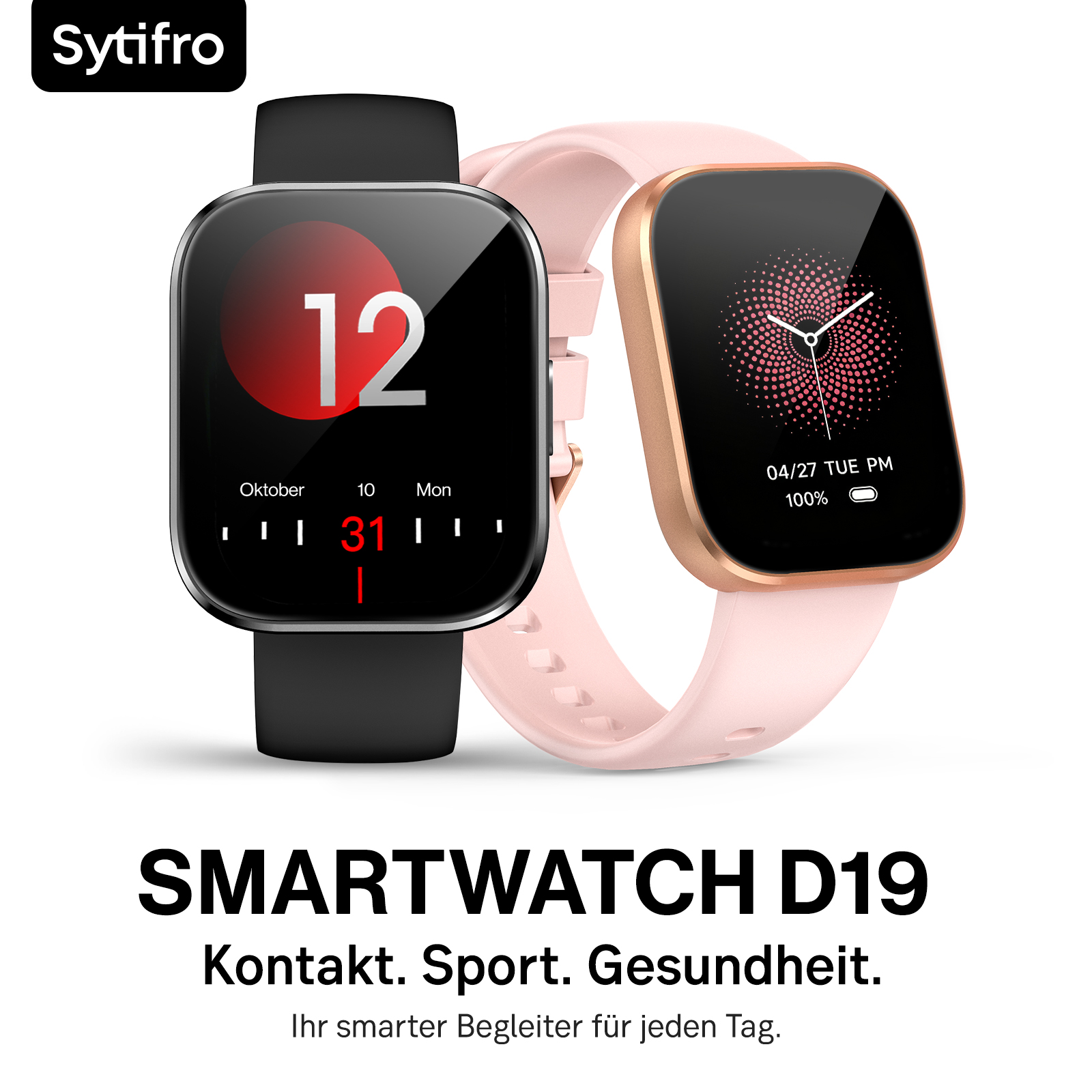Zwei Smartwatches mit schwarzem und rosa Armband vor weißem Hintergrund, mit Text und Markenlogo.