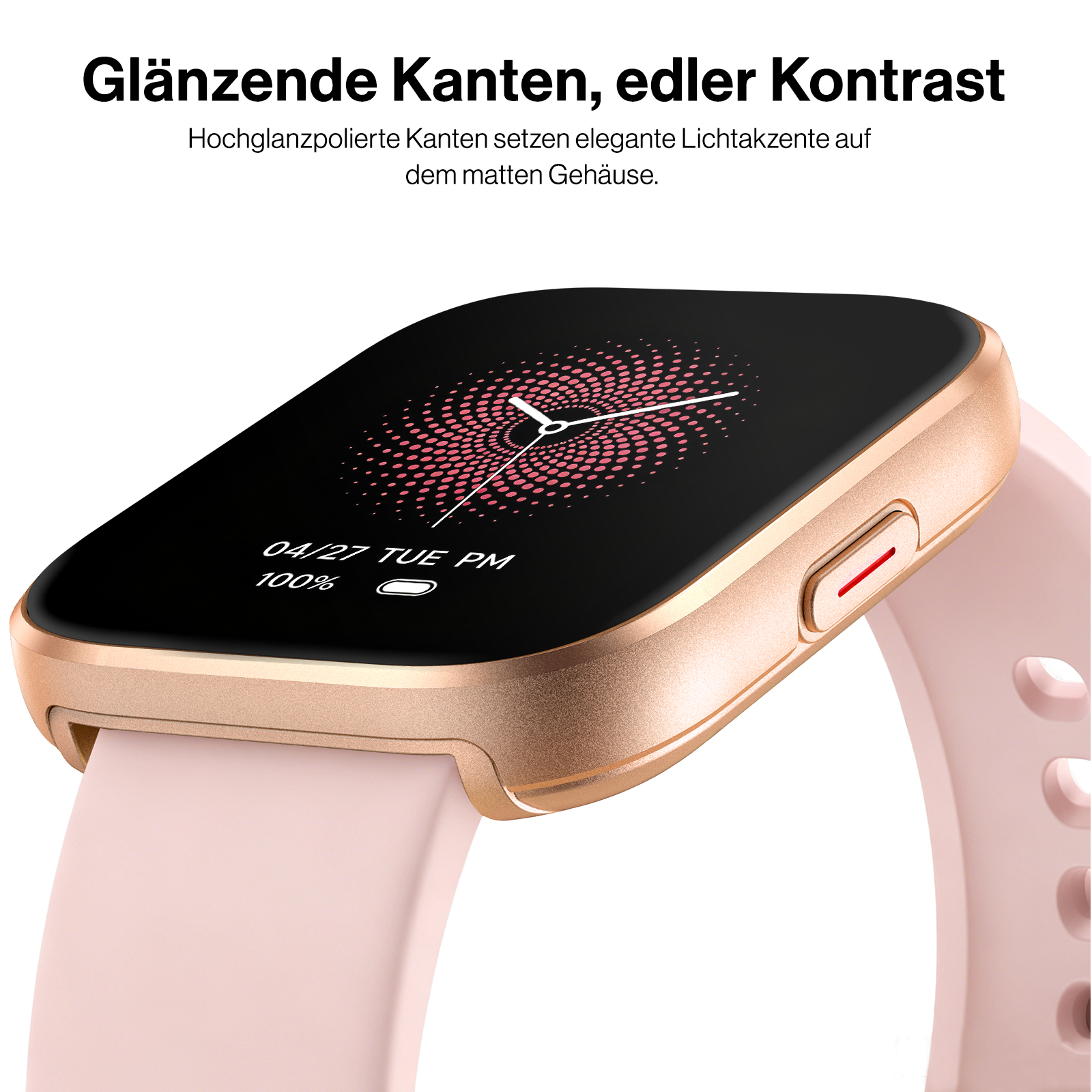 Eine roségoldene Smartwatch mit einem pinken Silikonarmband und einem digitalen Zifferblatt.