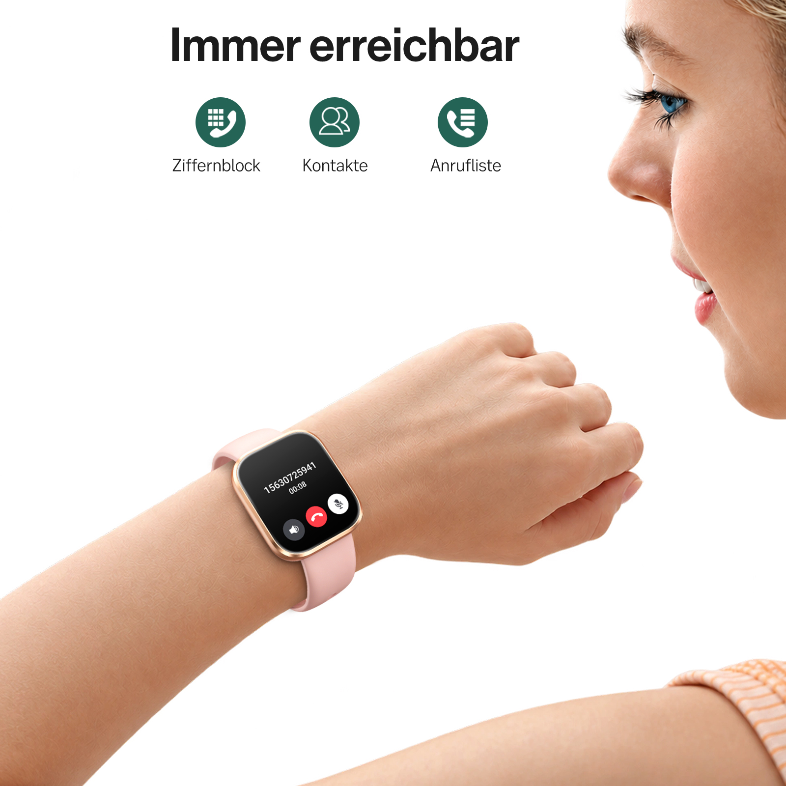 Eine Frau betrachtet eine rosafarbene Smartwatch an ihrem Handgelenk, die einen aktiven Anruf anzeigt.