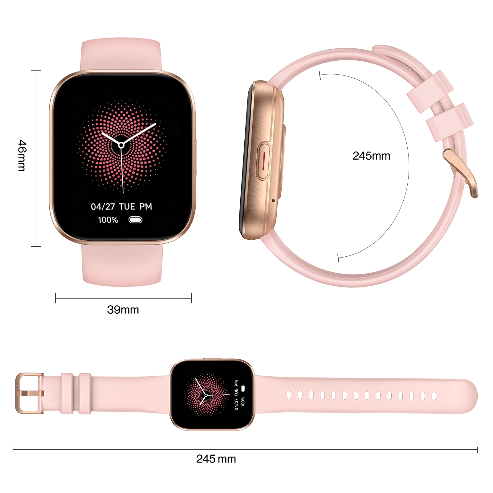 Rosa Smartwatch mit Maßen: 46 mm Höhe, 39 mm Breite und 245 mm Armbandlänge.