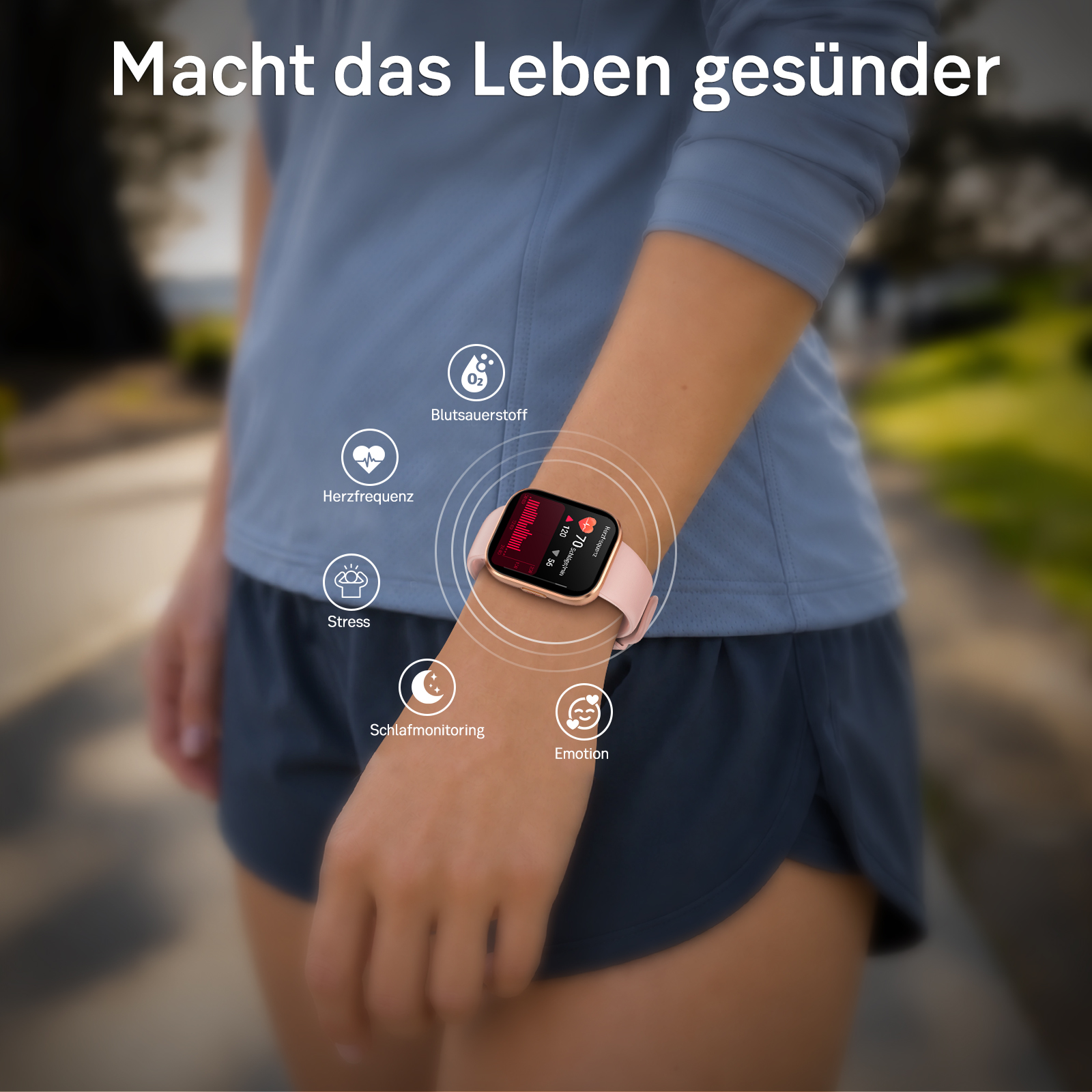 Eine Person trägt eine rosafarbene Smartwatch mit Icons für Gesundheit wie Herzfrequenz und Stress.