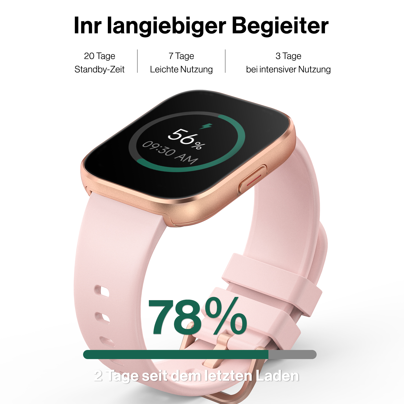 Rosa Smartwatch mit goldenem Gehäuse zeigt Akkustand, Uhrzeit und Nutzungsdetails auf weißem Hintergrund.
