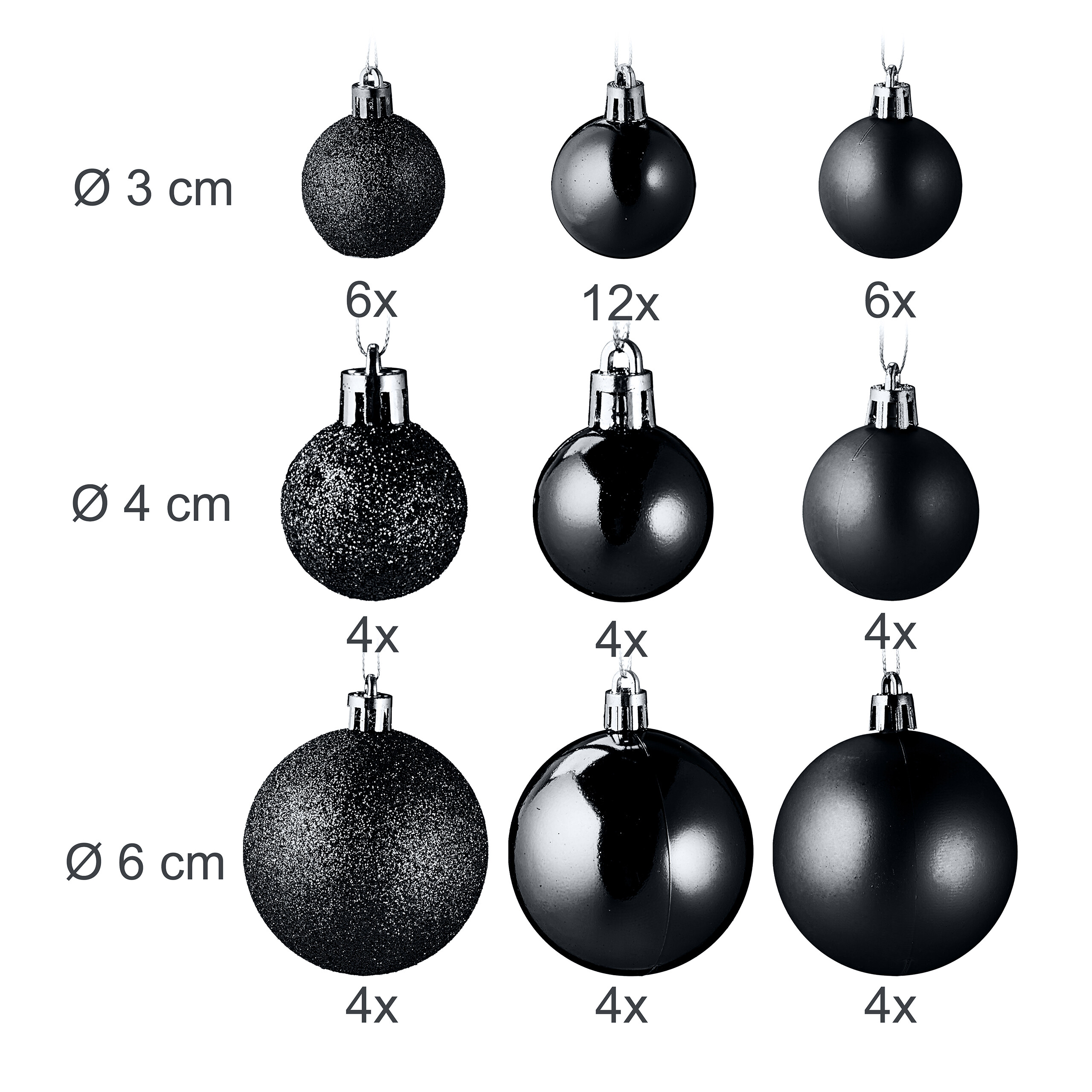 Schwarze Weihnachtskugeln in drei Größen und Ausführungen mit Maß- und Mengenangaben.
