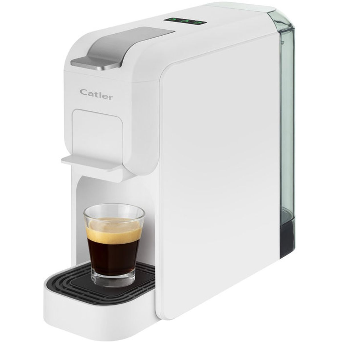 Un'elegante macchina da caffè a capsule Catler bianca con un bicchiere di espresso.