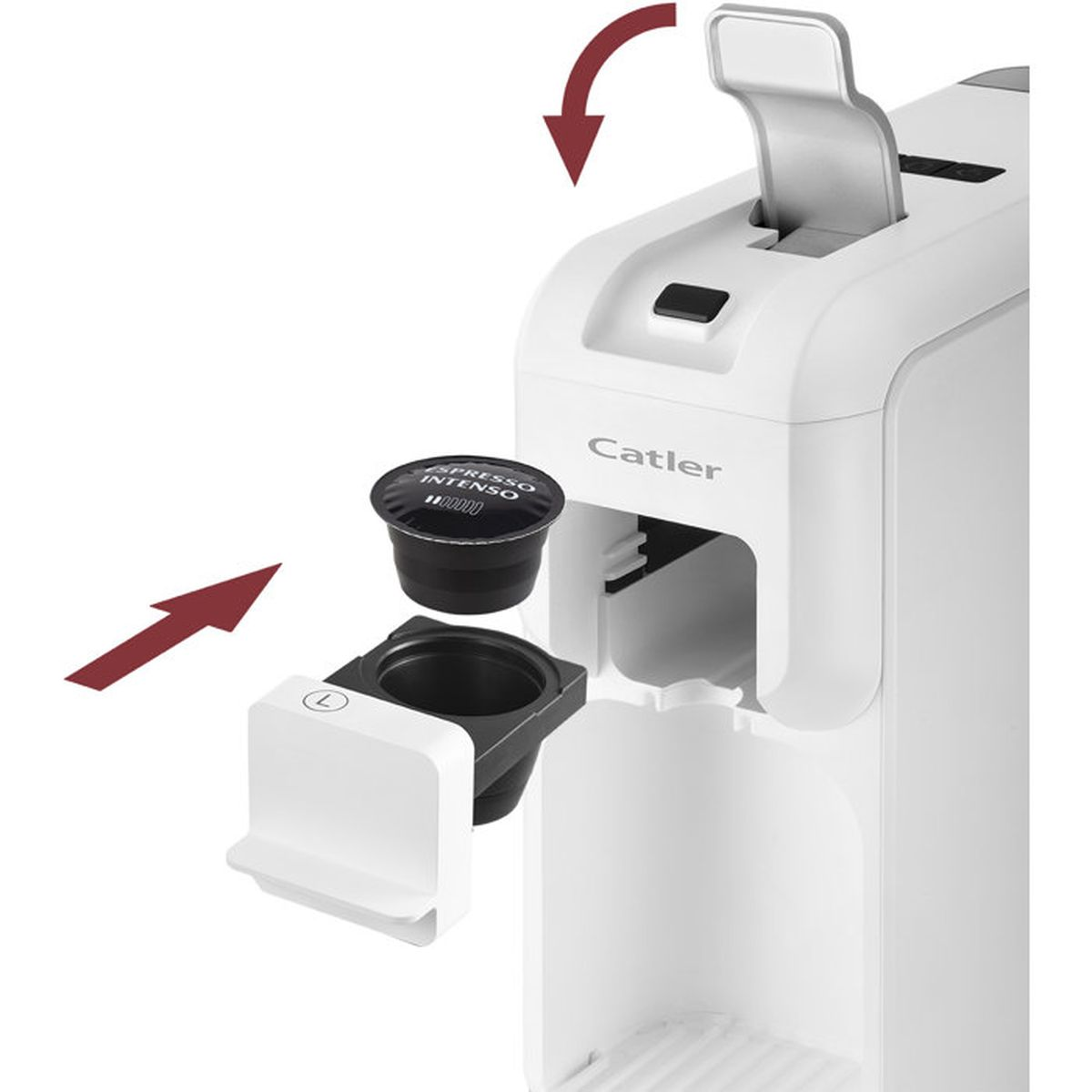 Una macchina da caffè bianca con una capsula inserita nel supporto estraibile.