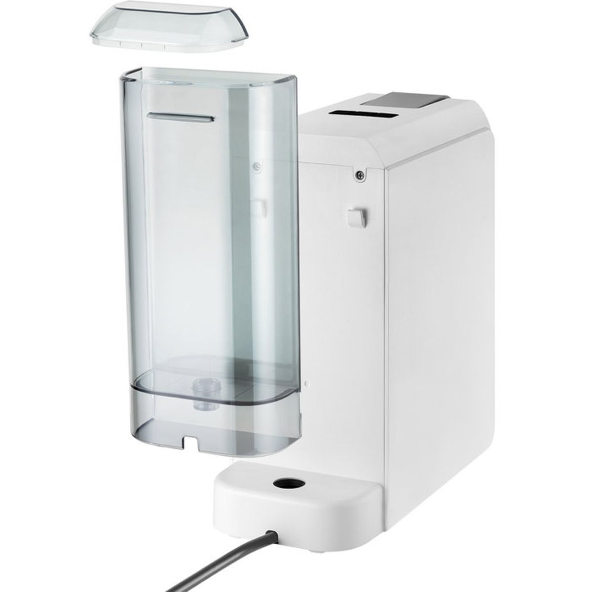 Macchina da caffè bianca con serbatoio dell'acqua trasparente rimovibile e coperchio su sfondo bianco.