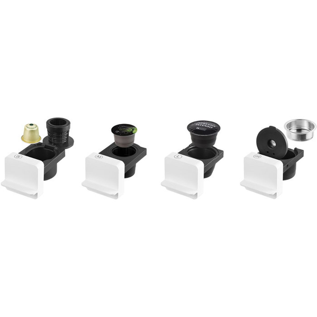 Quattro portacapsule per caffè neri con manici bianchi, mostrati con diverse dimensioni di capsule e inserti.