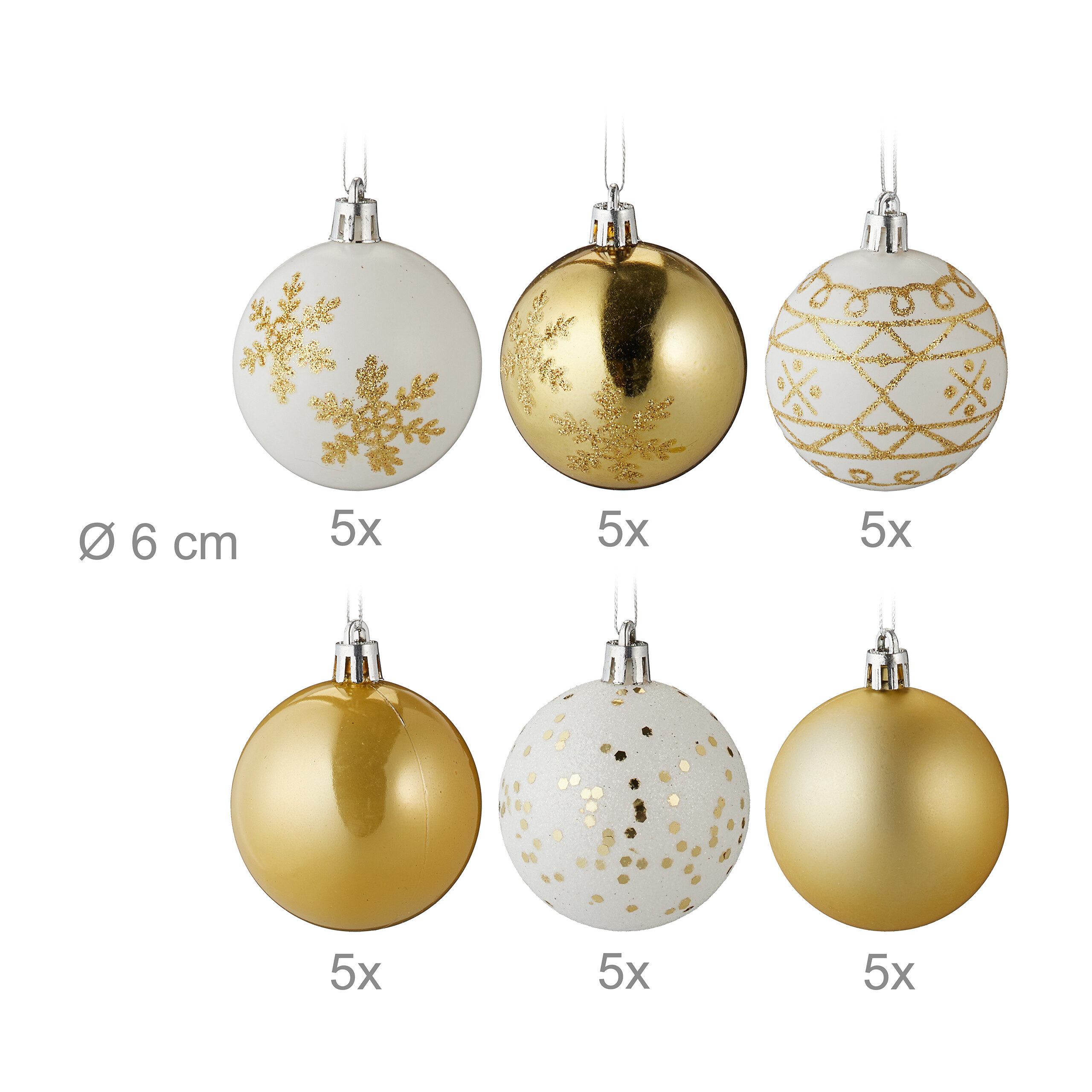 Sechs verschiedene 6 cm große Weihnachtskugeln in Weiß und Gold mit Mustern und 5x-Hinweisen.