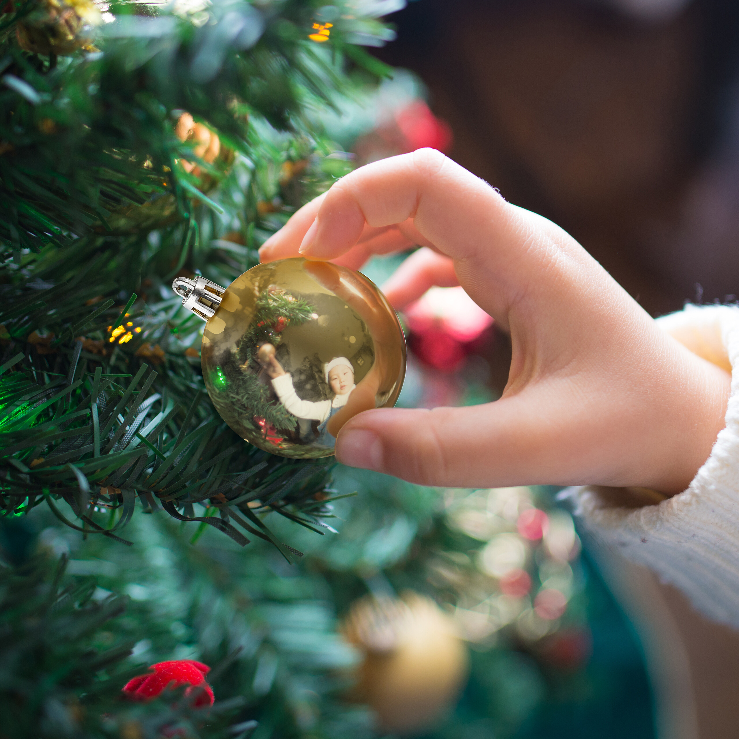 Eine Hand hängt eine goldene Weihnachtskugel an einen grünen Weihnachtsbaum.