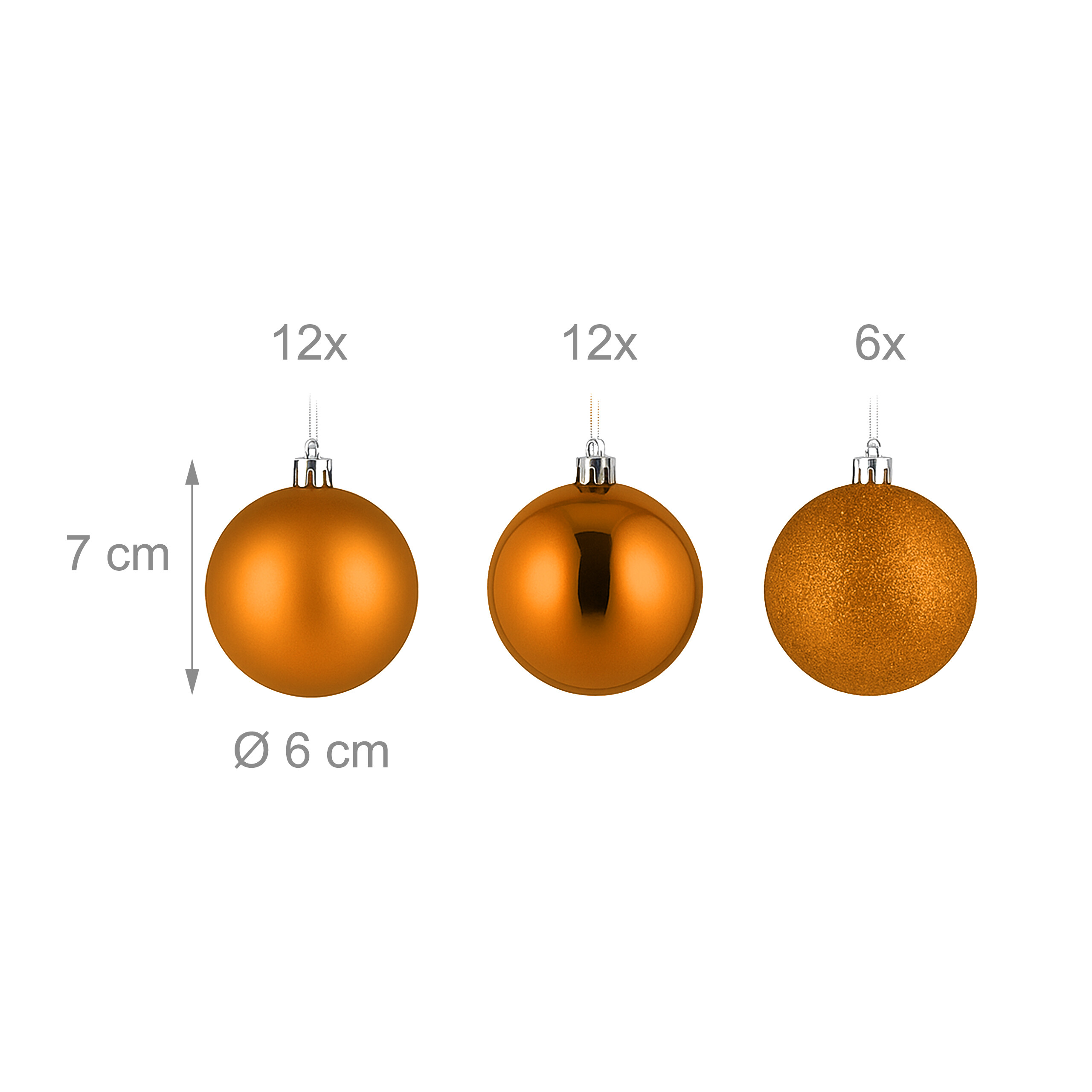 Drei orangefarbene Weihnachtskugeln mit Größen- und Mengenangaben auf weißem Hintergrund.