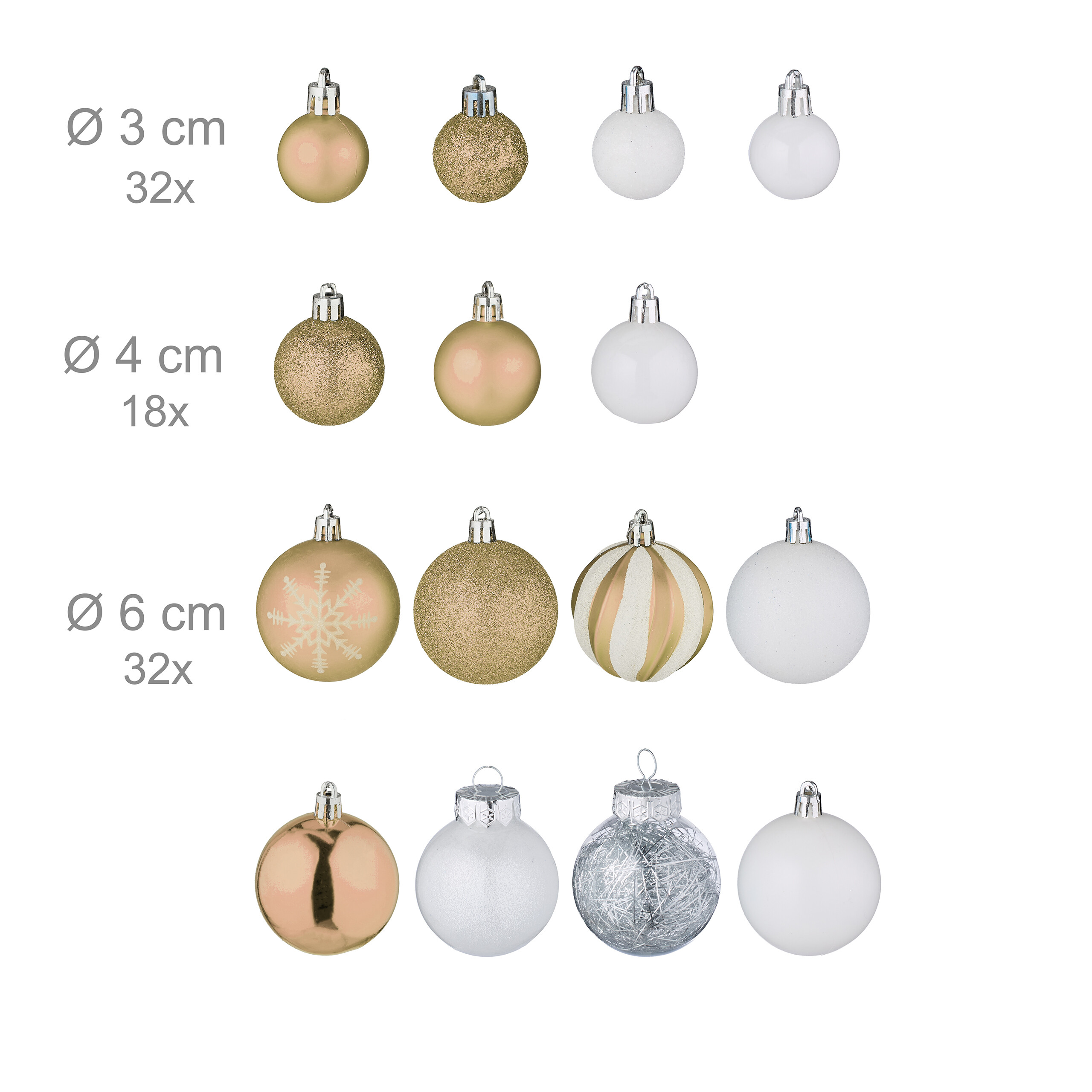 Verschiedene Weihnachtskugeln in den Größen 3 cm, 4 cm und 6 cm in Gold, Weiß und Silber mit verschiedenen Mustern.
