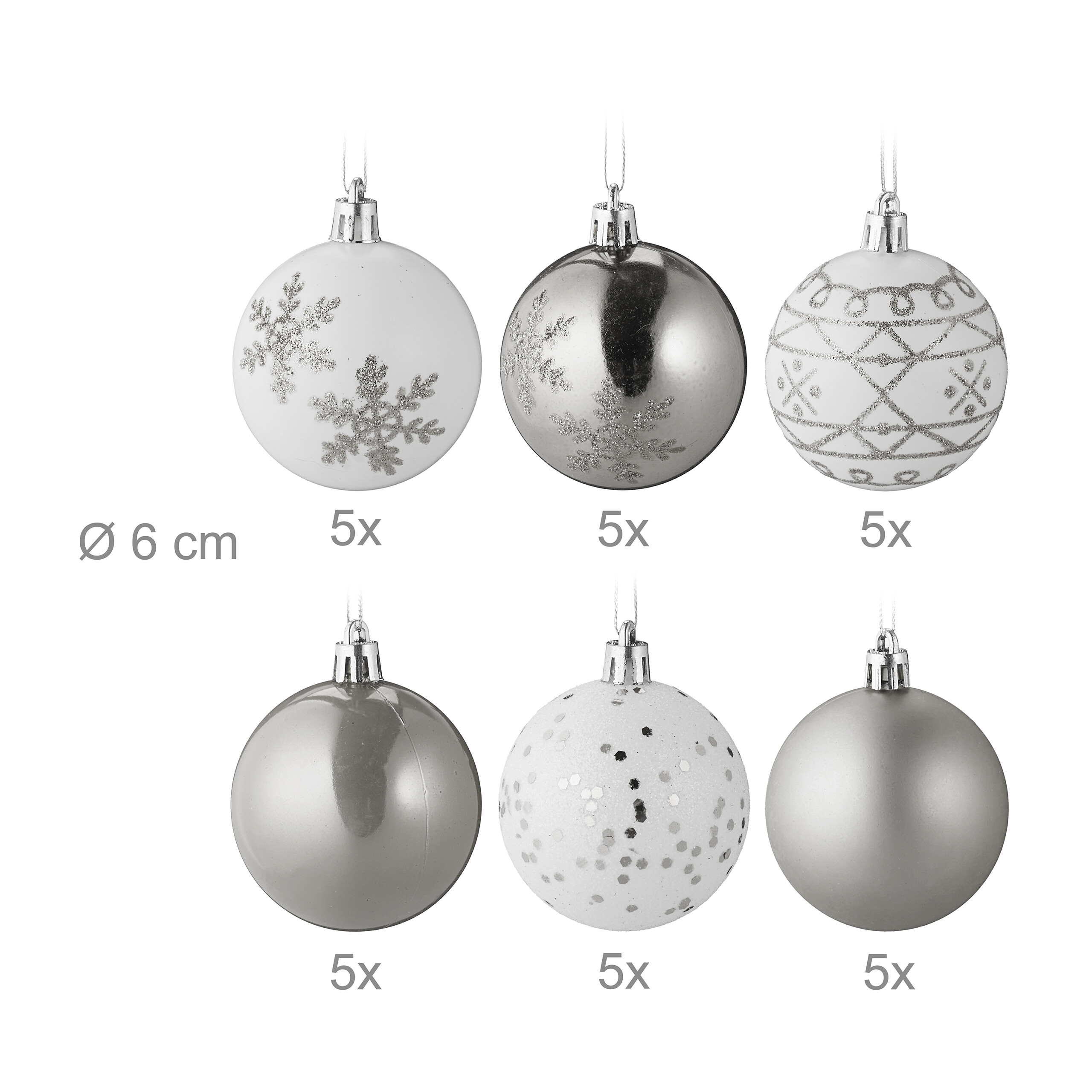 Sechs 6 cm große silberne und weiße Christbaumkugeln mit Glitzermustern, jeweils mit 5x markiert.