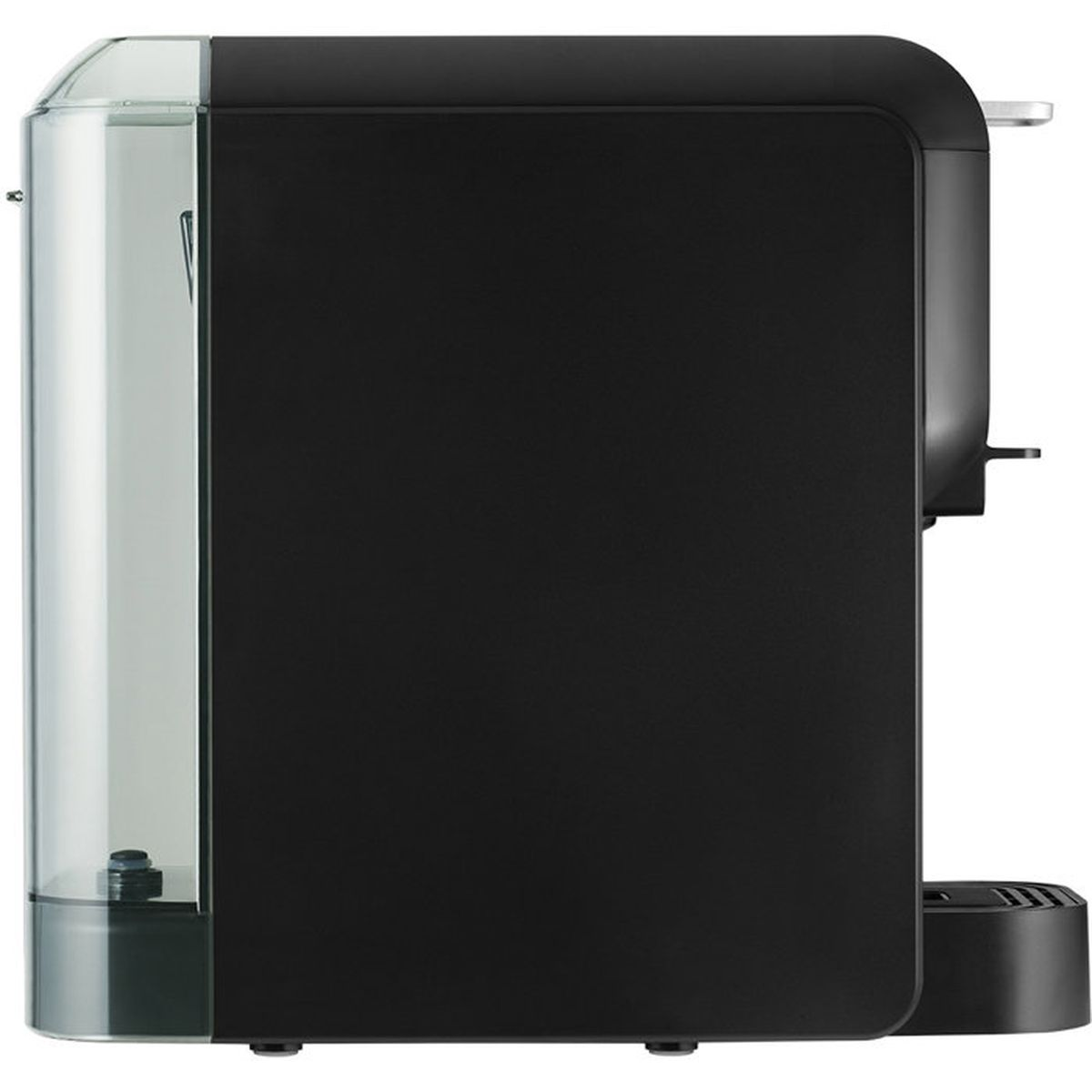 Macchina da caffè nera con serbatoio d'acqua trasparente vista di lato su sfondo bianco.