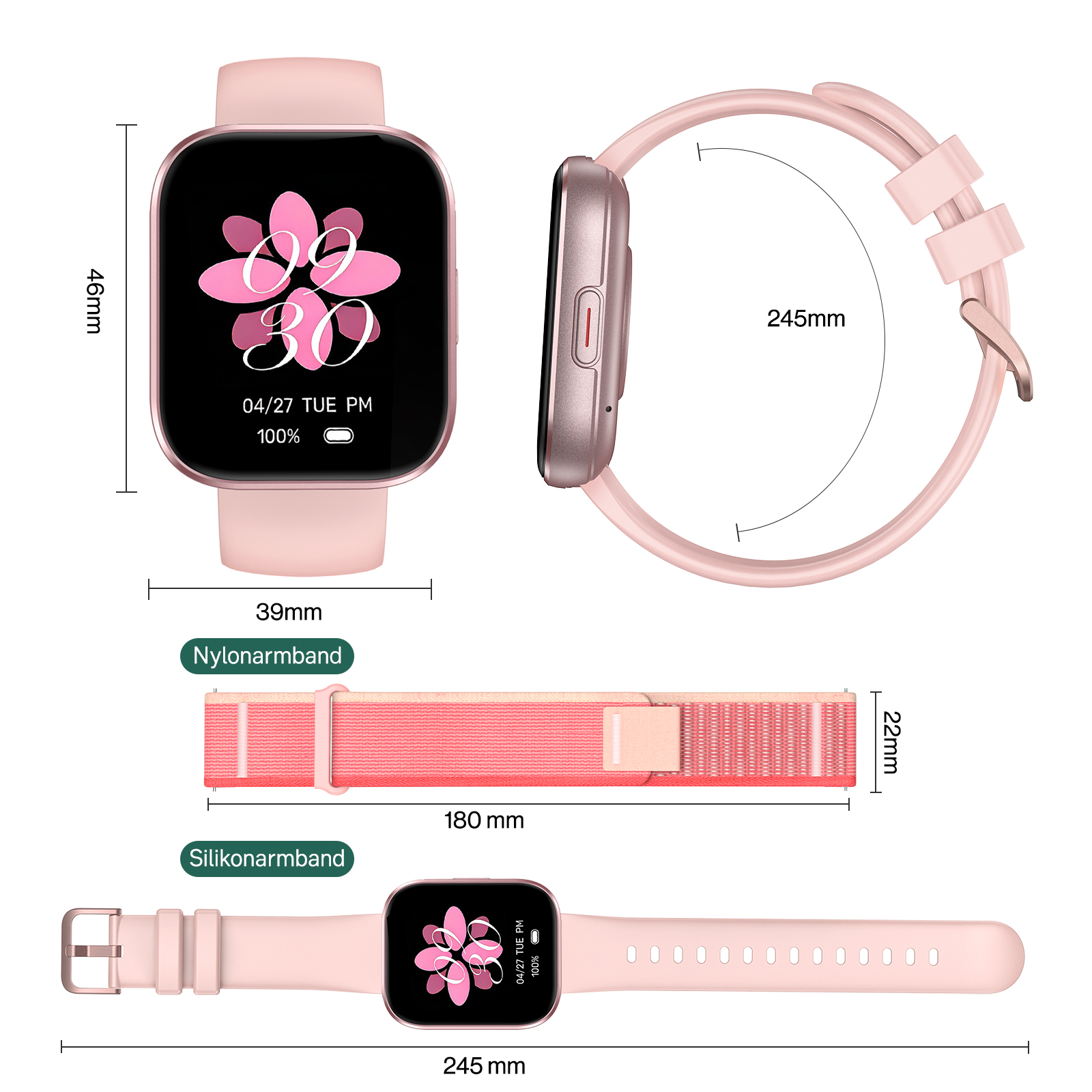 Rosa Smartwatch mit Maßen, Nylon- und Silikonarmbändern und technischen Details auf weißem Hintergrund.