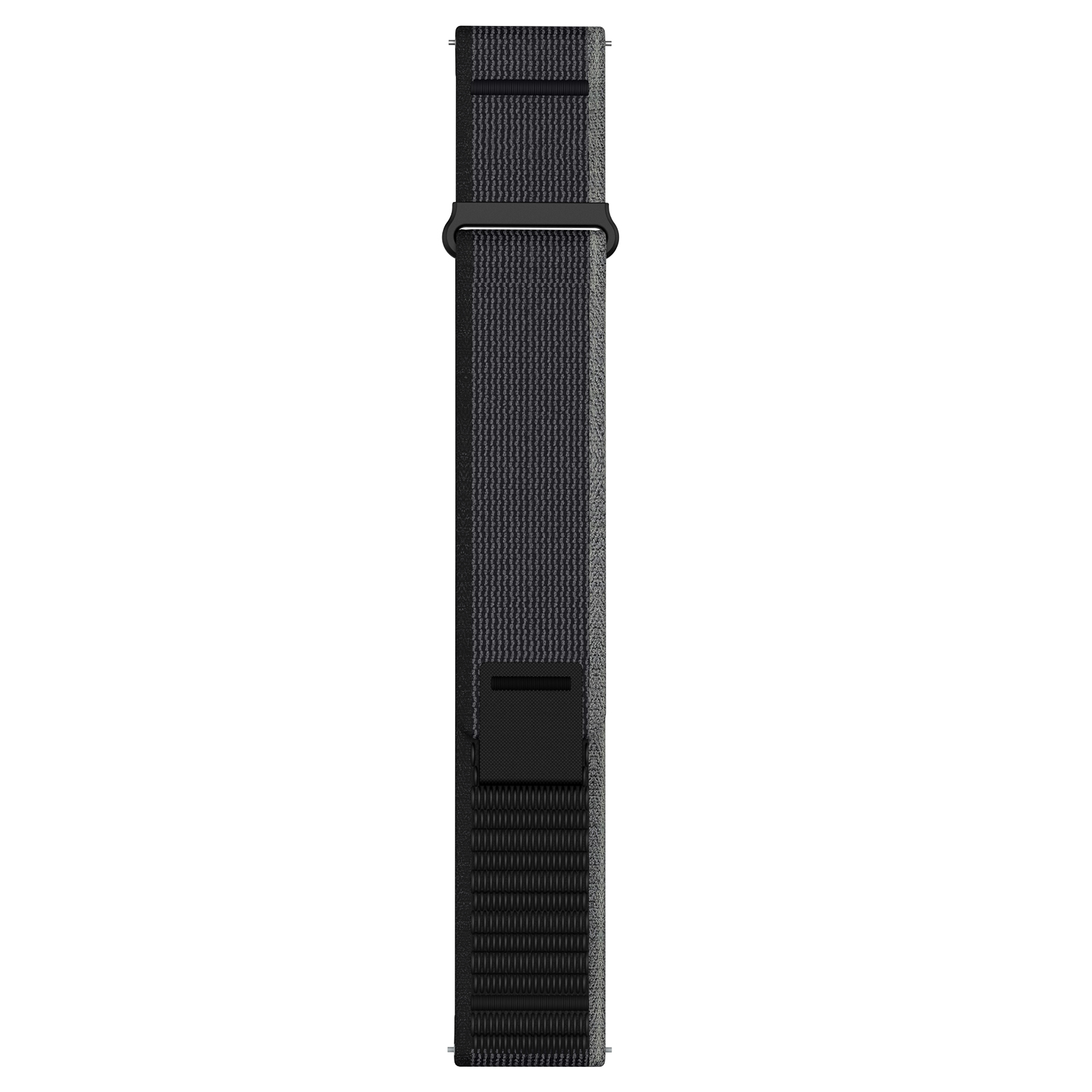 Ein schwarzes Nylon-Uhrenarmband mit einer Metallschnalle auf weißem Hintergrund.