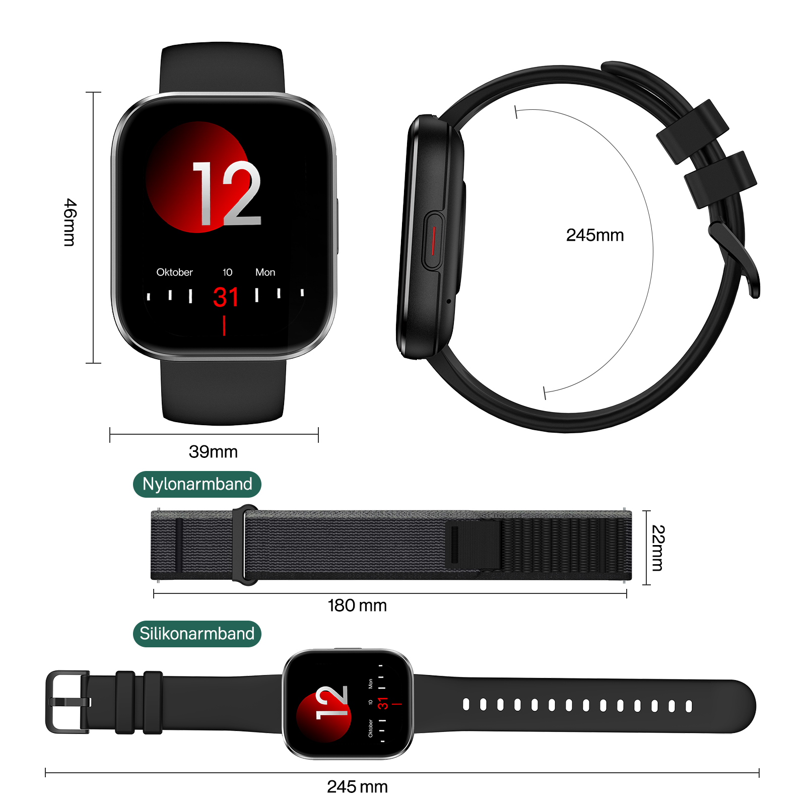 Technische Zeichnung einer Smartwatch mit Maßen, Nylon- und Silikonarmband auf weißem Hintergrund.