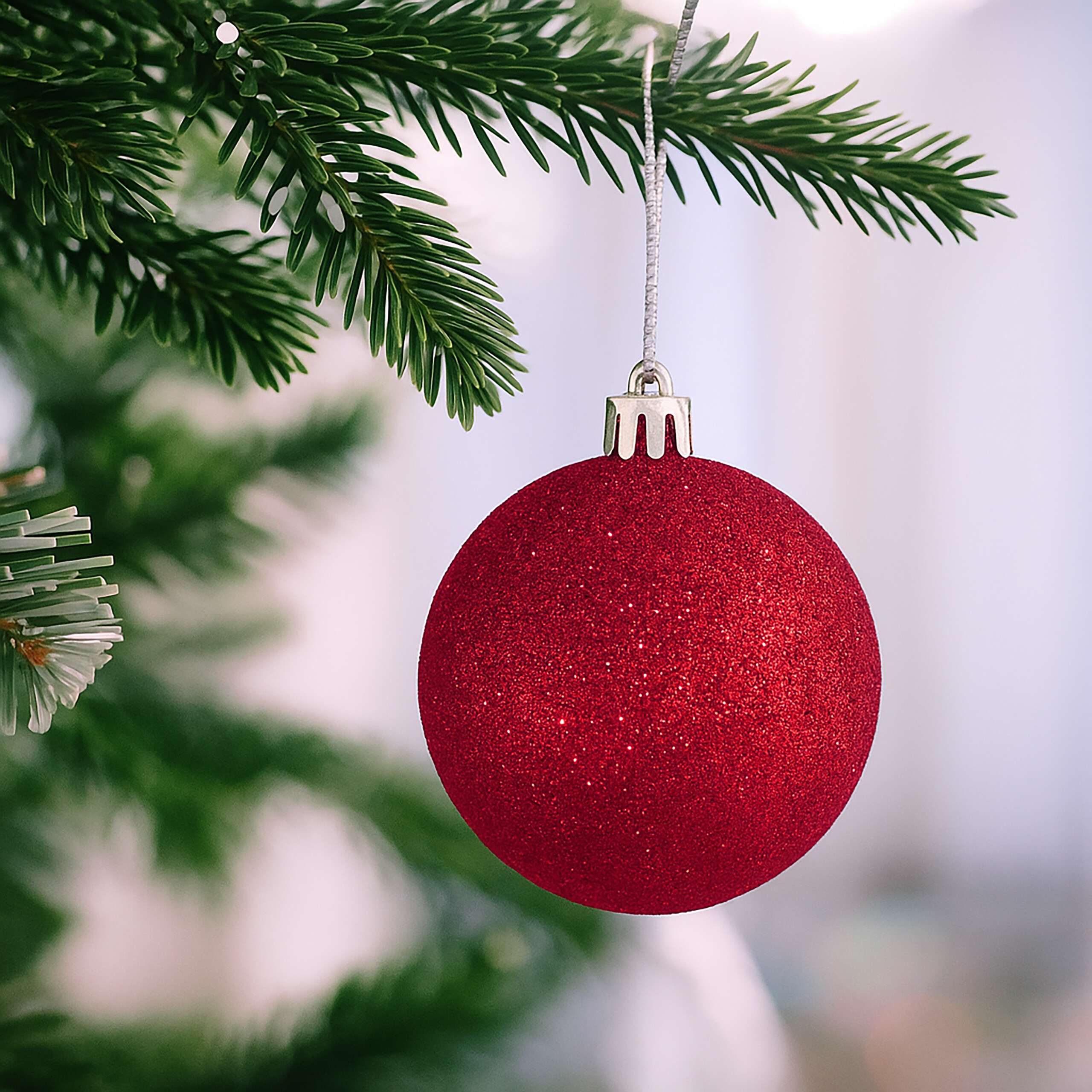 Eine glitzernde rote Christbaumkugel hängt an einem grünen Tannenast vor einem unscharfen Hintergrund.