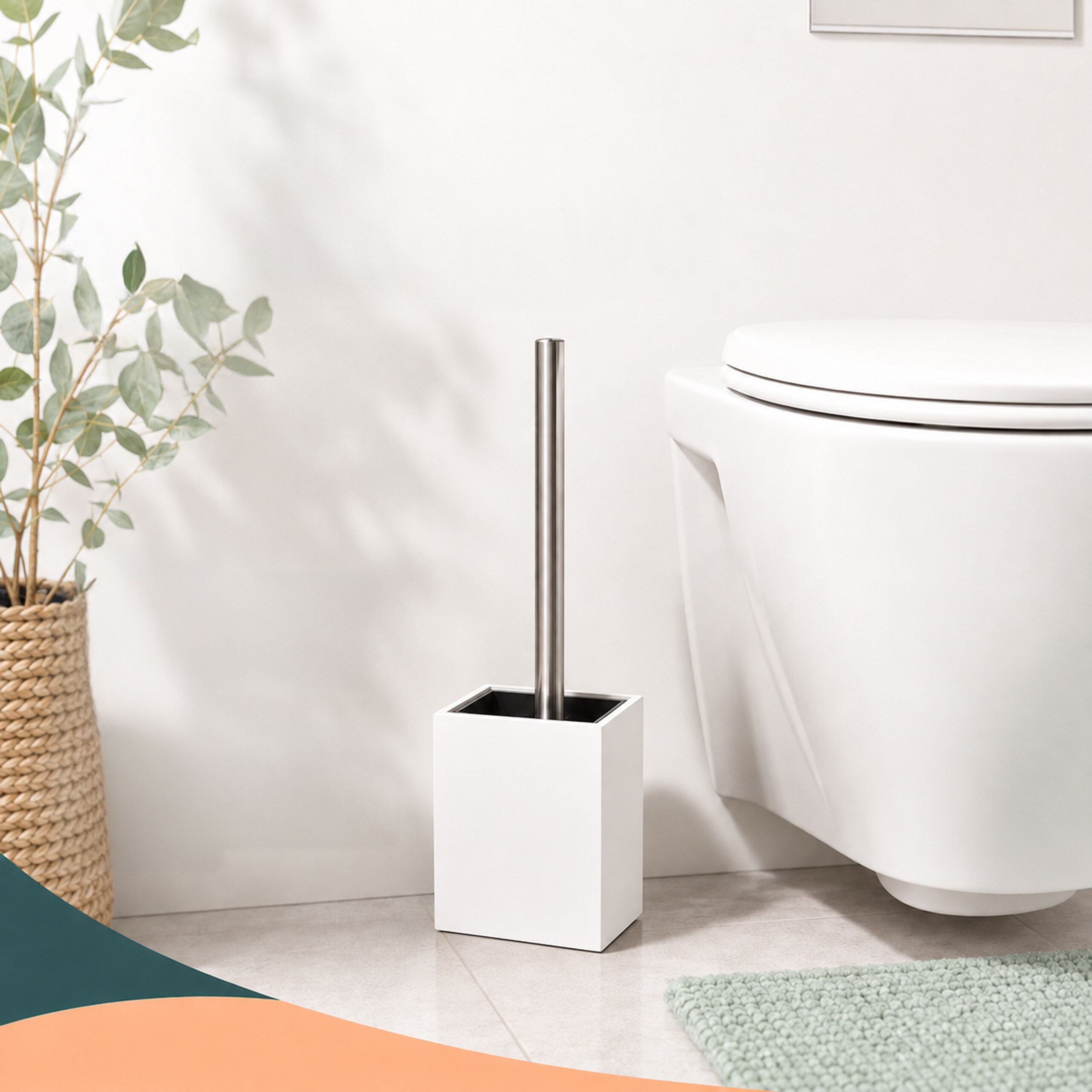Eine weiße Klobürste mit Chromgriff steht neben einer Toilette, einem Pflanzenpott und einer grünen Badmatte.