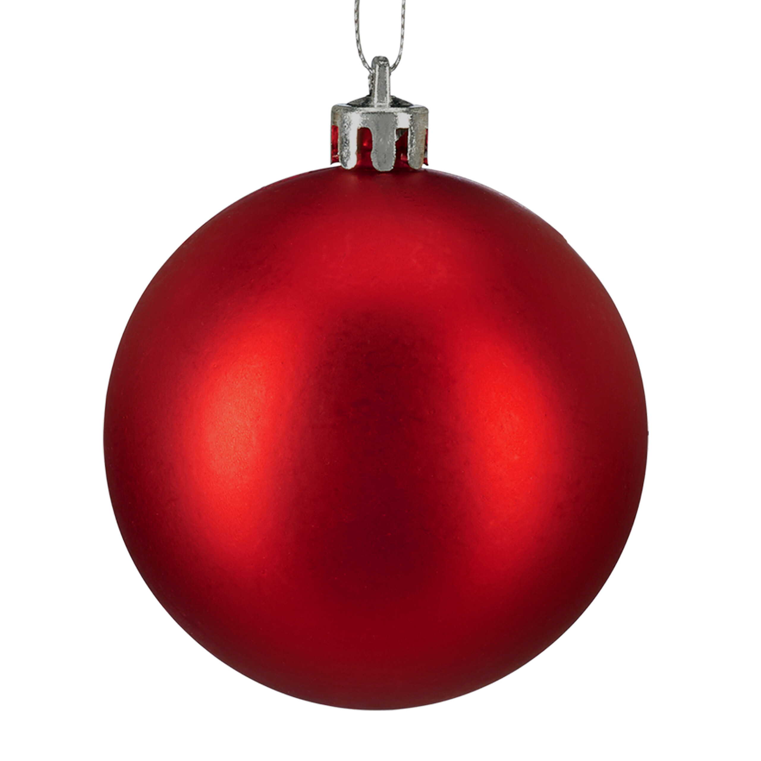 Eine matte rote Weihnachtskugel mit silbernem Aufhänger vor weißem Hintergrund.