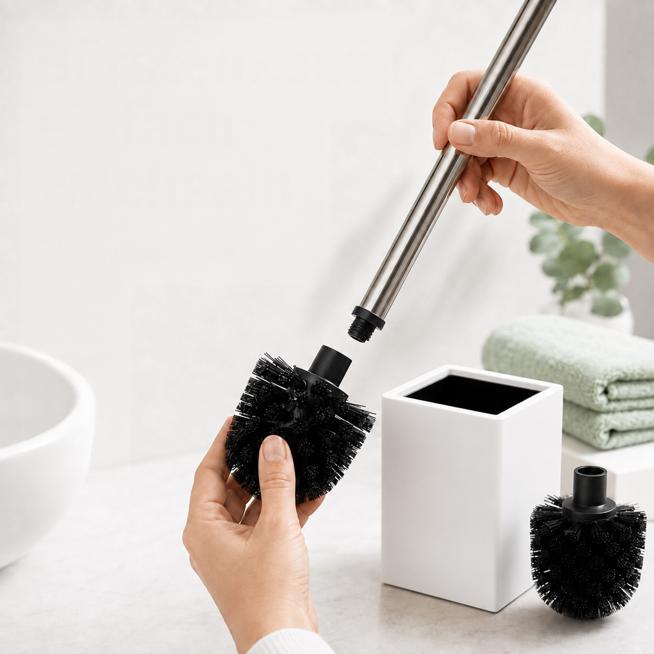Hände schrauben den Griff an eine schwarze Toilettenbürste, daneben ein weißer Halter.