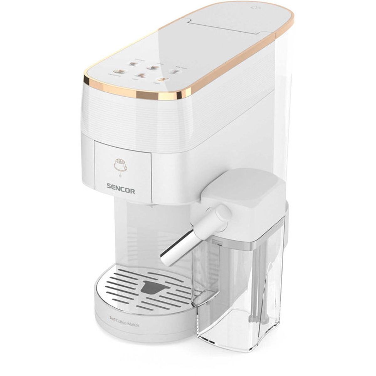 Eine weiße und roségoldene Sencor 3-in-1-Kaffeemaschine mit Milchschaum- und Wassertank auf weißem Hintergrund.