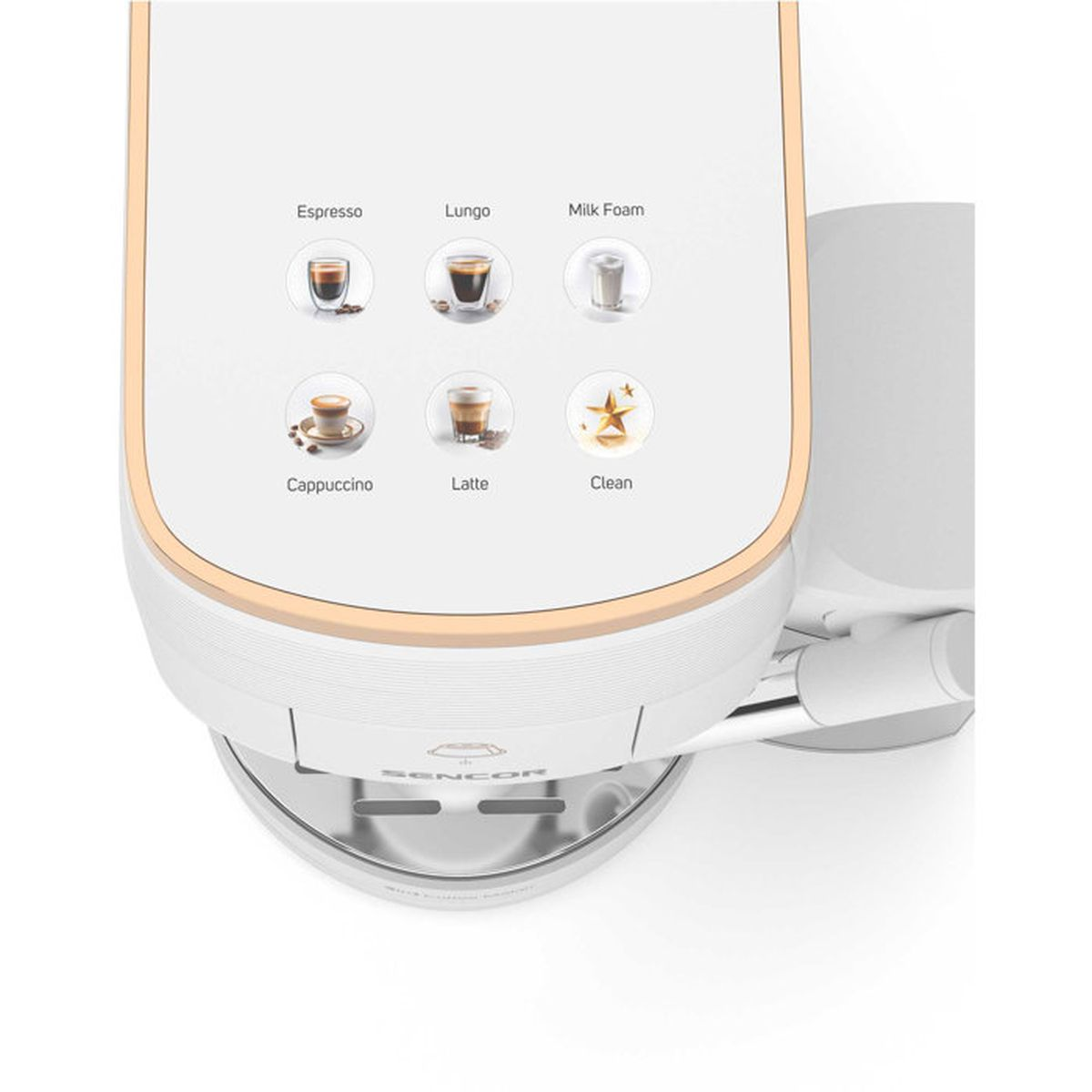 Top-Down-Ansicht einer weißen Kaffeemaschine mit Touch-Bedienfeld für Espresso, Lungo, Cappuccino, Latte und Reinigung.