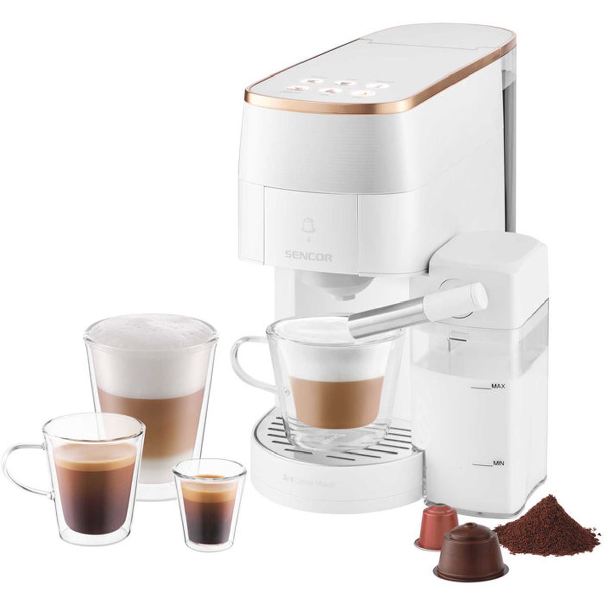Weiße Sencor-Kaffeemaschine mit Milchschäumer, Gläsern mit Kaffee und Kaffeepulver.