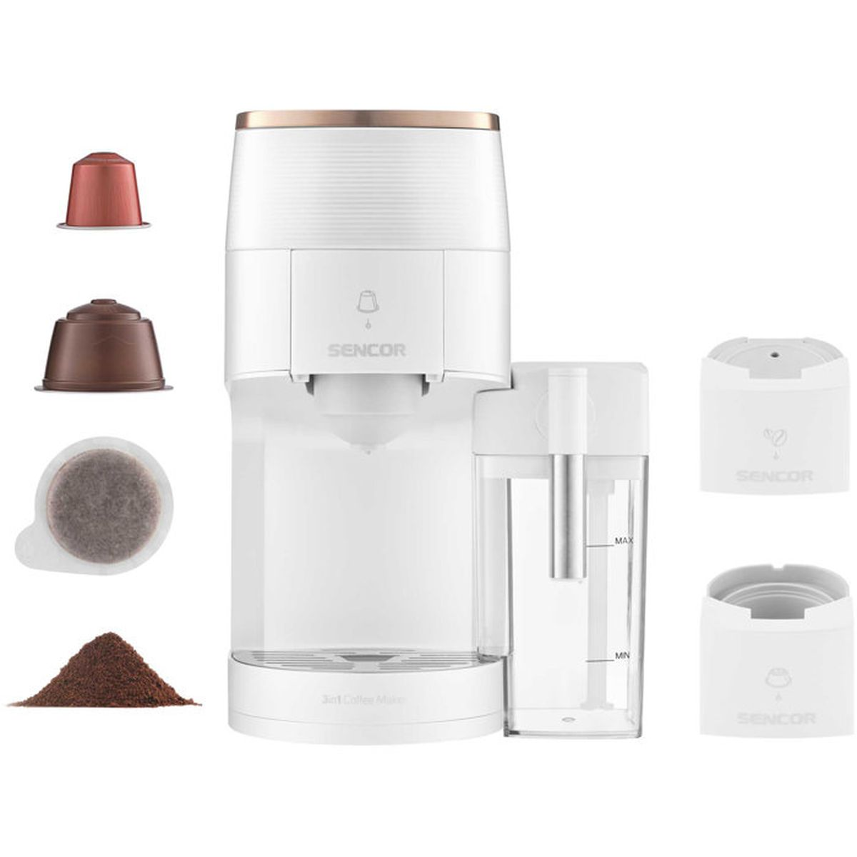 Weiße Sencor 3-in-1-Kaffeemaschine mit verschiedenen Kaffeekapseln und Zubehör auf weißem Hintergrund.
