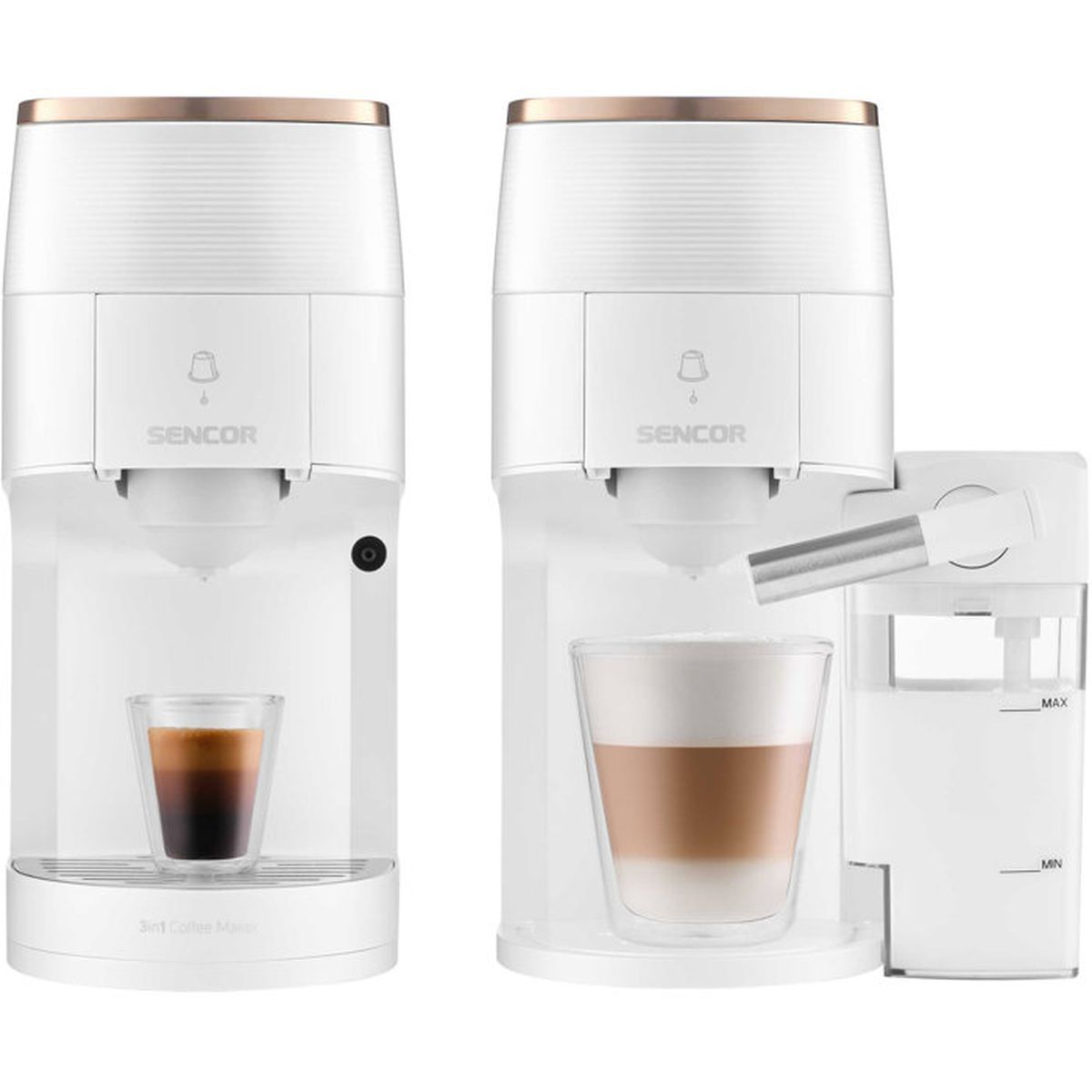 Zwei weiße Sencor Kaffeemaschinen vor weißem Hintergrund, links mit Espressoglas, rechts mit Latte Macchiato und Milchaufschäumer.