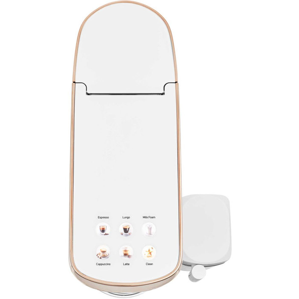 Draufsicht auf eine moderne Kaffeemaschine in Weiß und Roségold mit Touch-Tasten für verschiedene Getränke.