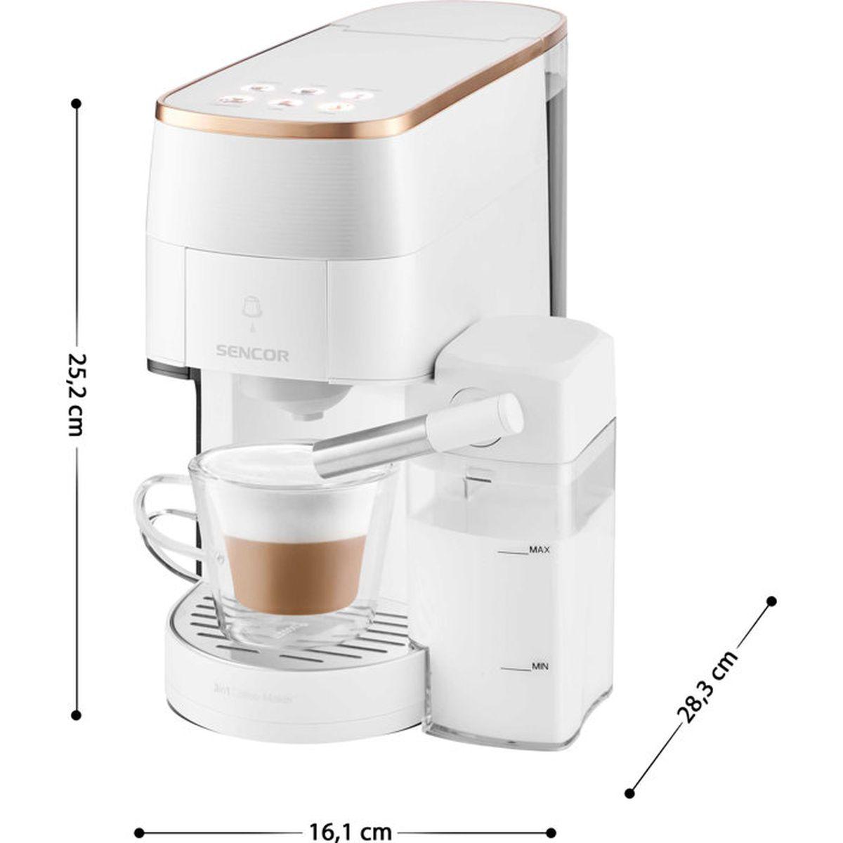 Weiße Sencor Kaffeemaschine mit Milchbehälter, Tasse Kaffee und Maßangaben.