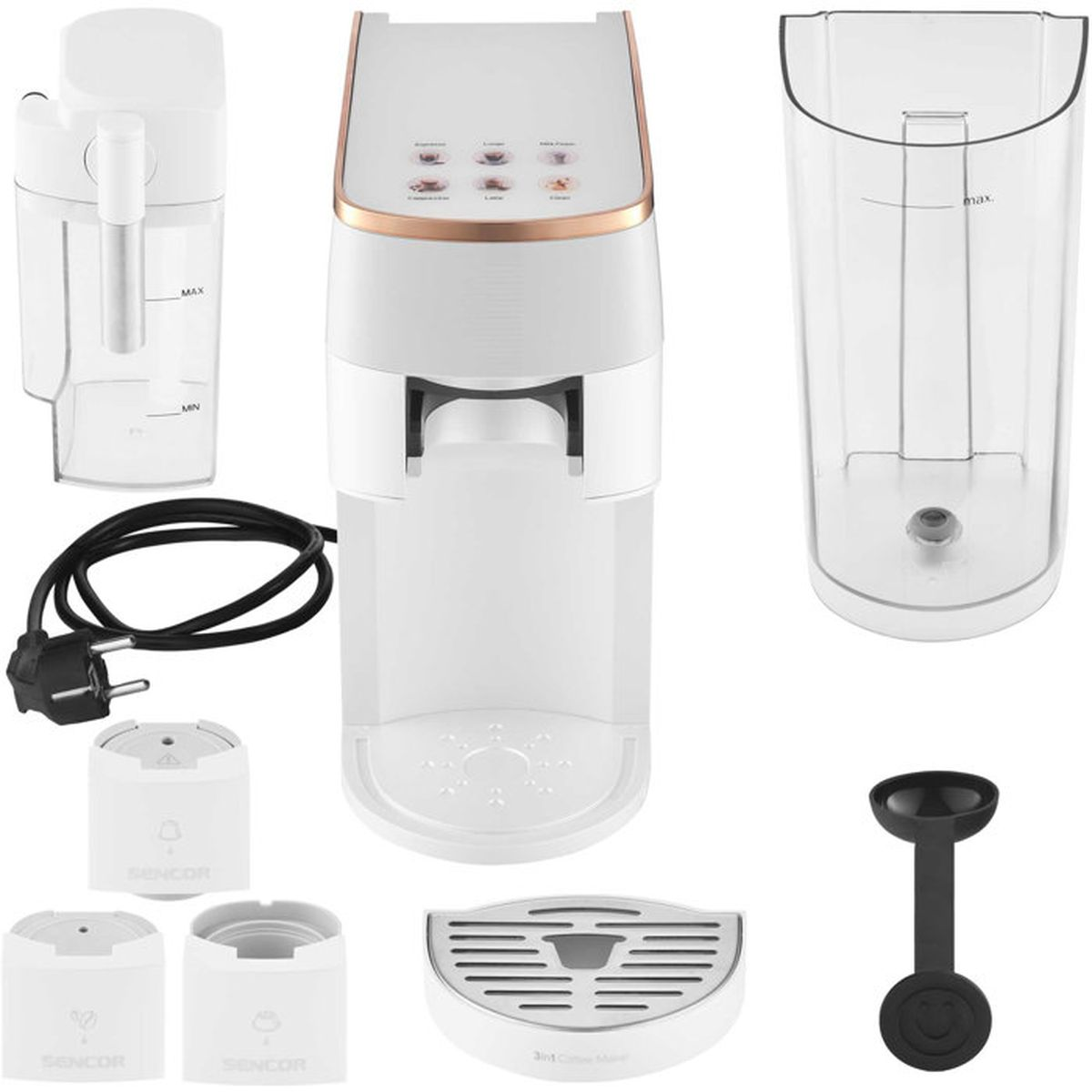 Weiße Kaffeemaschine mit Zubehör wie Wassertank, Milchbehälter, Löffel und Netzkabel auf weißem Hintergrund.