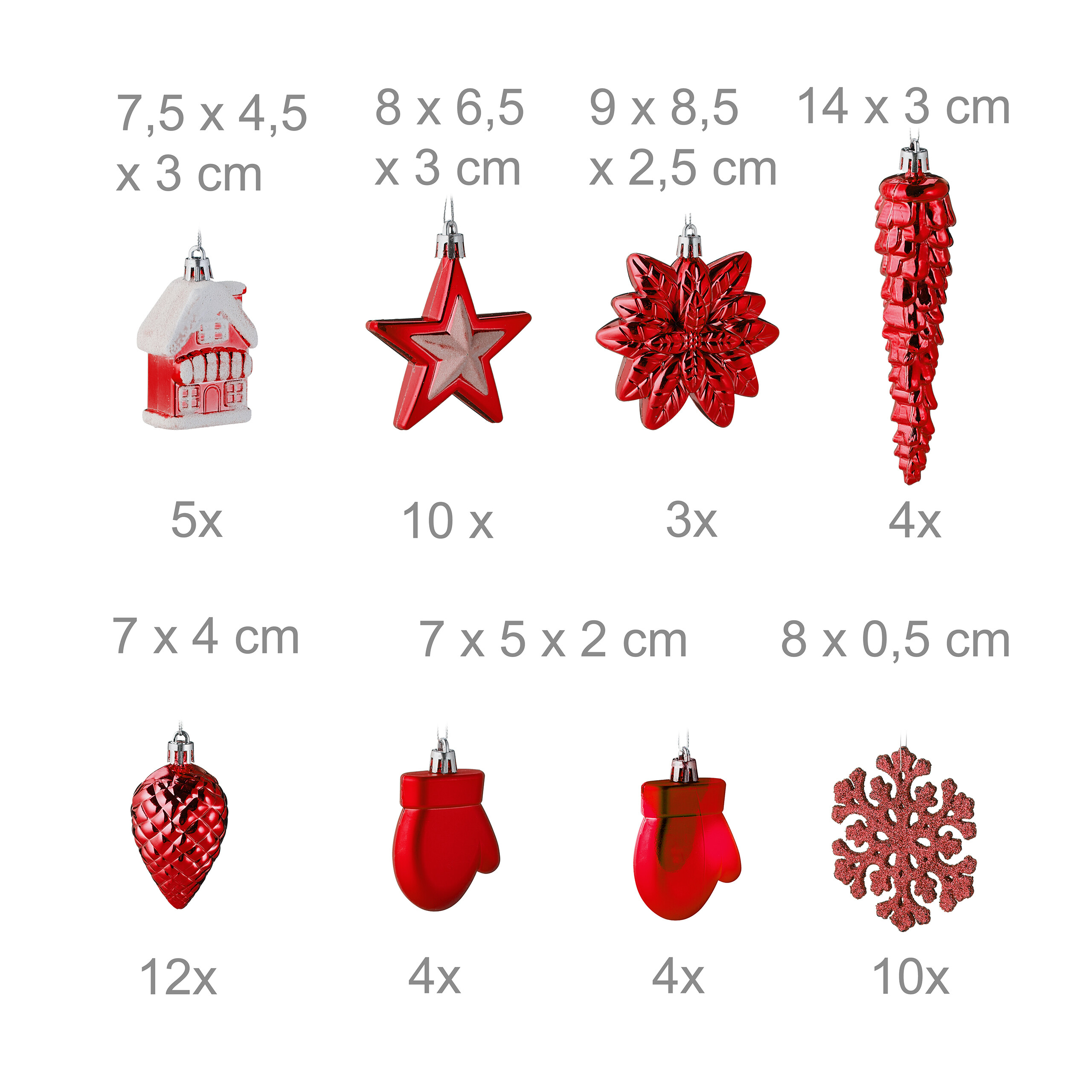 Rote Weihnachtsschmuck-Sets mit Maßen und Mengen auf weißem Hintergrund.