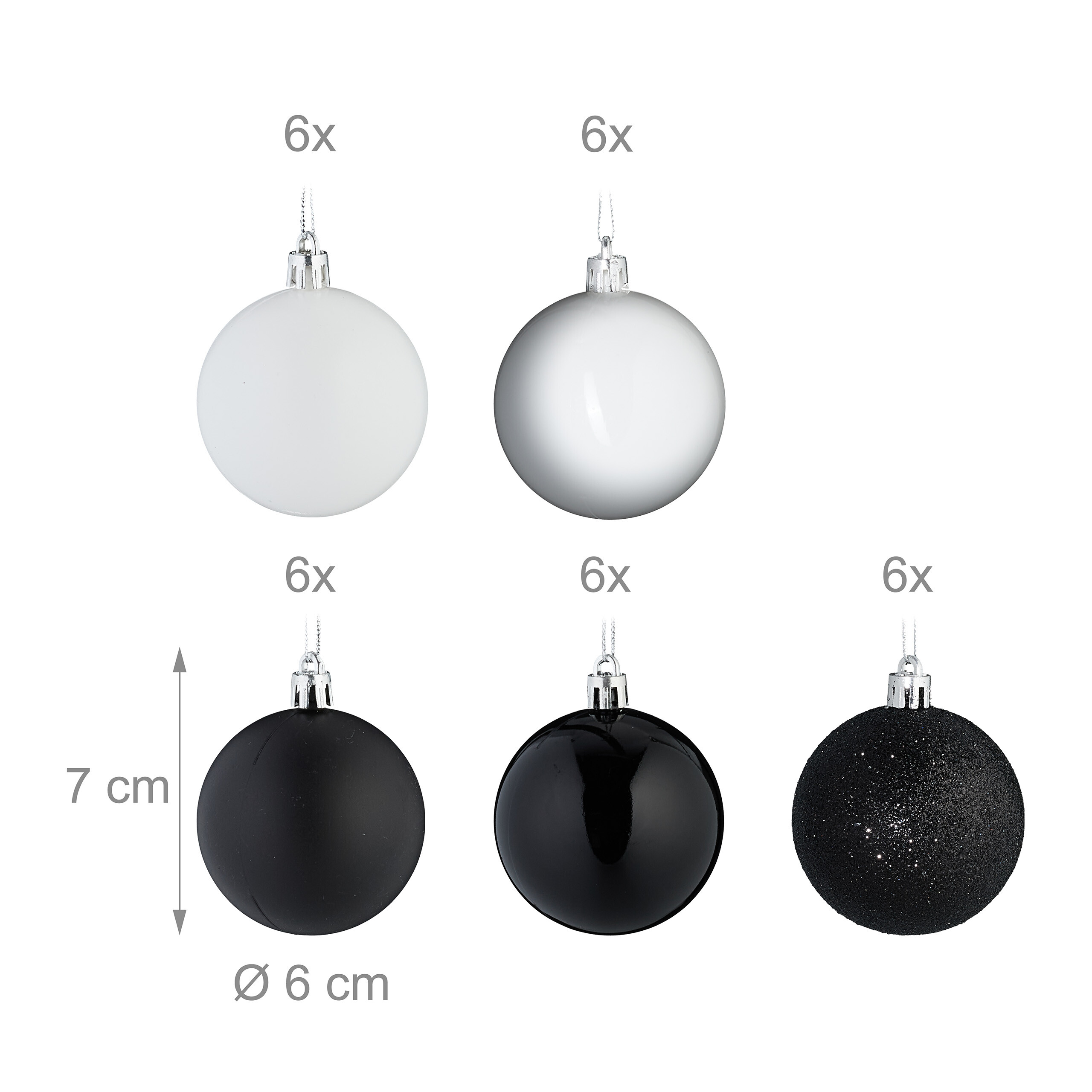 Sechs weiße, silberne, matte und glänzende schwarze sowie glitzernde Weihnachtskugeln, 7 cm groß, mit Maßangaben.