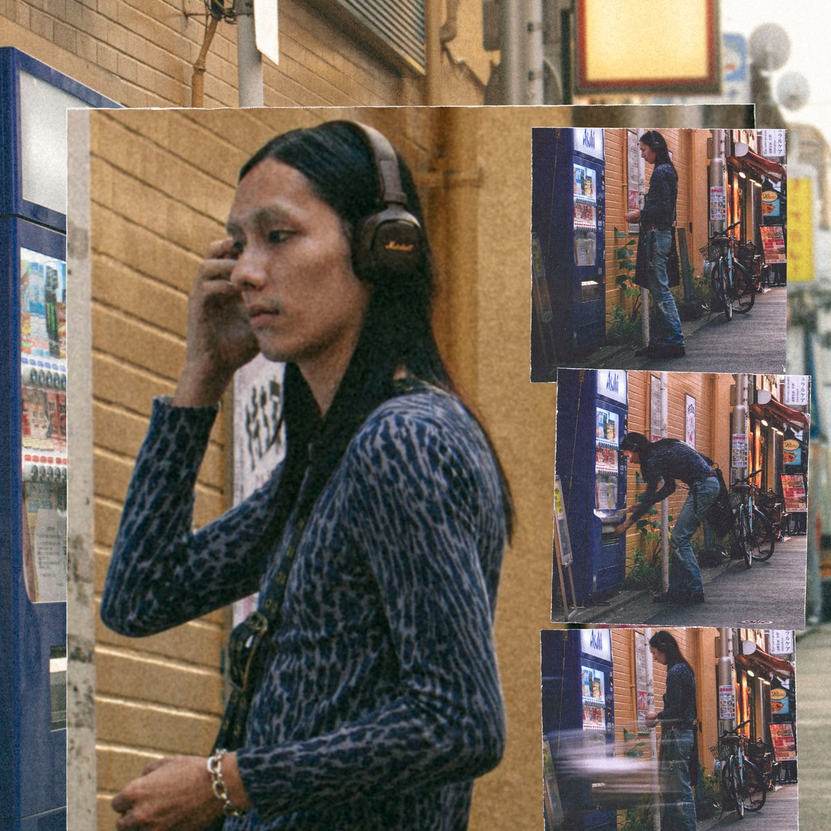 Collage zeigt einen langhaarigen Mann mit Kopfhörern vor einem Getränkeautomaten in Japan.