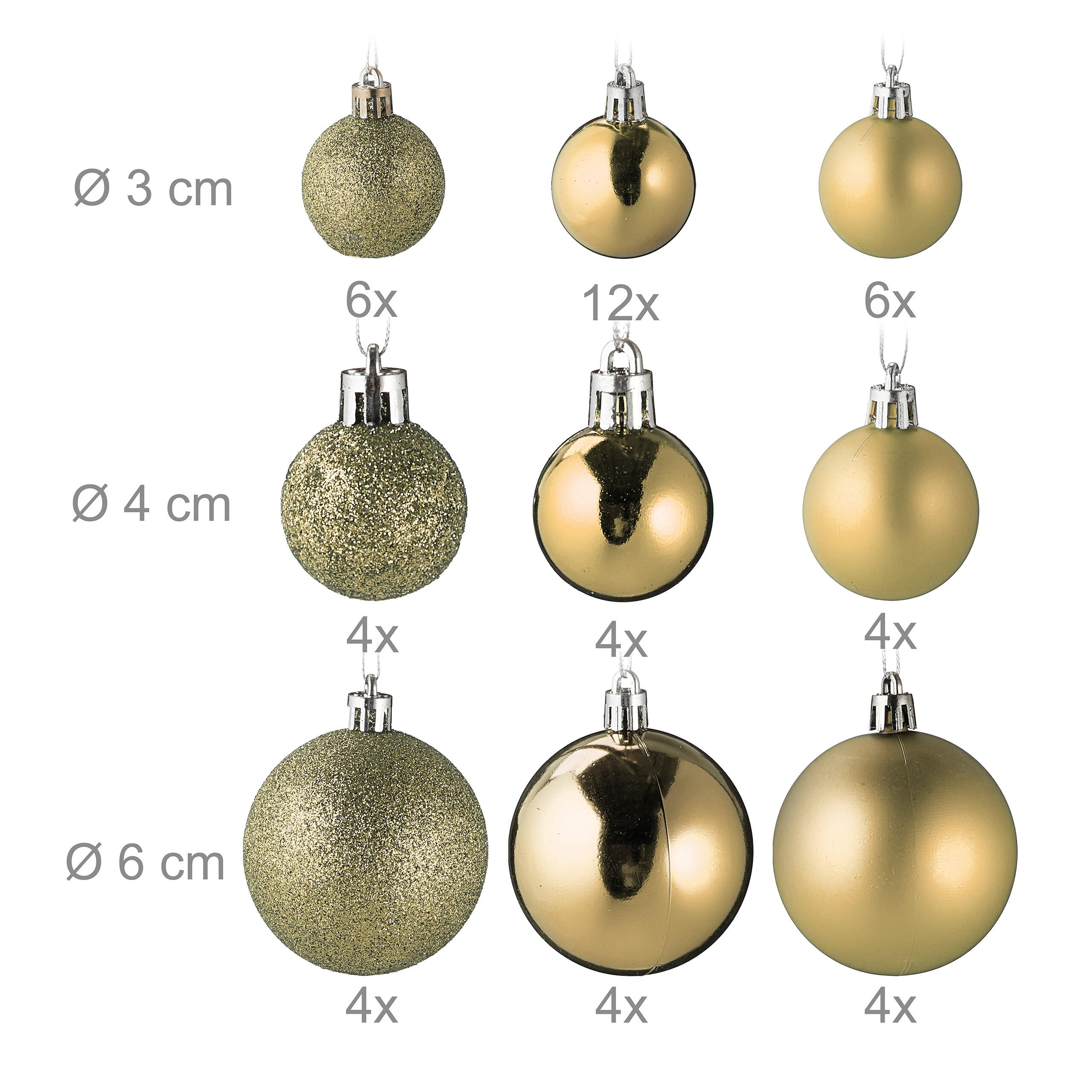 Goldene Weihnachtskugeln in drei Grössen und verschiedenen Texturen mit Grössen- und Mengenangaben.