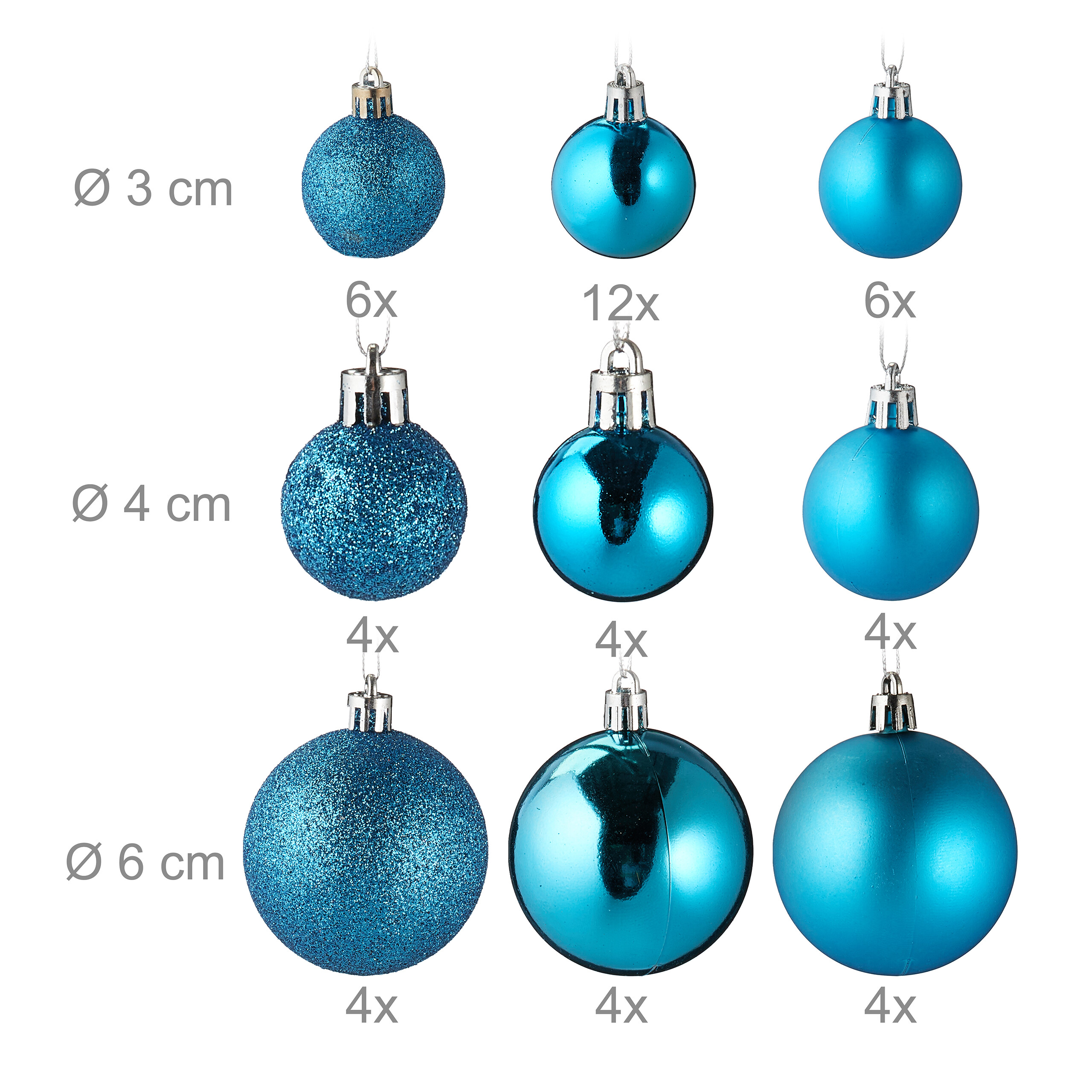 Neun blaue Christbaumkugeln in verschiedenen Größen und Ausführungen, mit Größen- und Mengenangaben auf weißem Hintergrund.