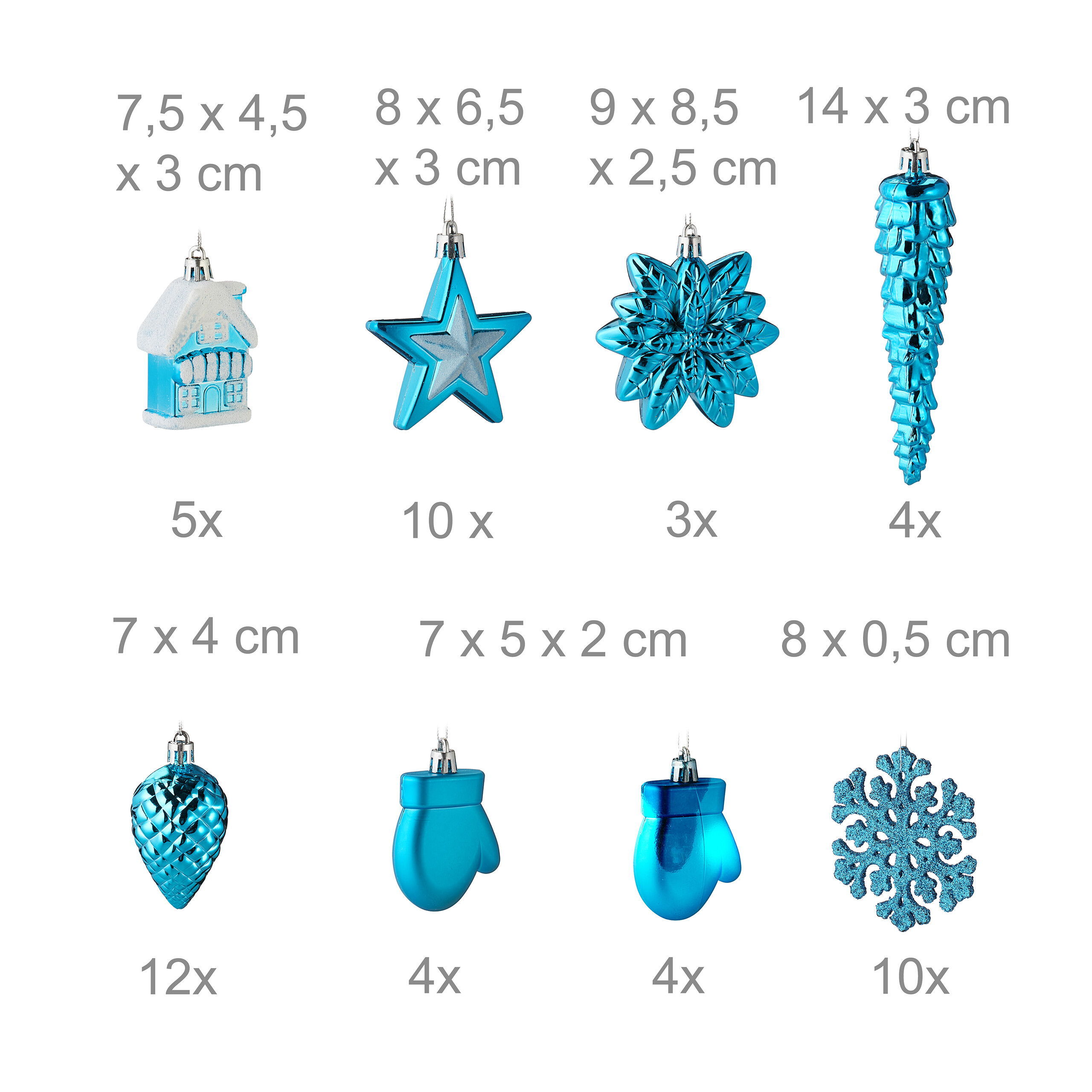 Blaue Christbaumkugeln mit Maßangaben und Stückzahlen.