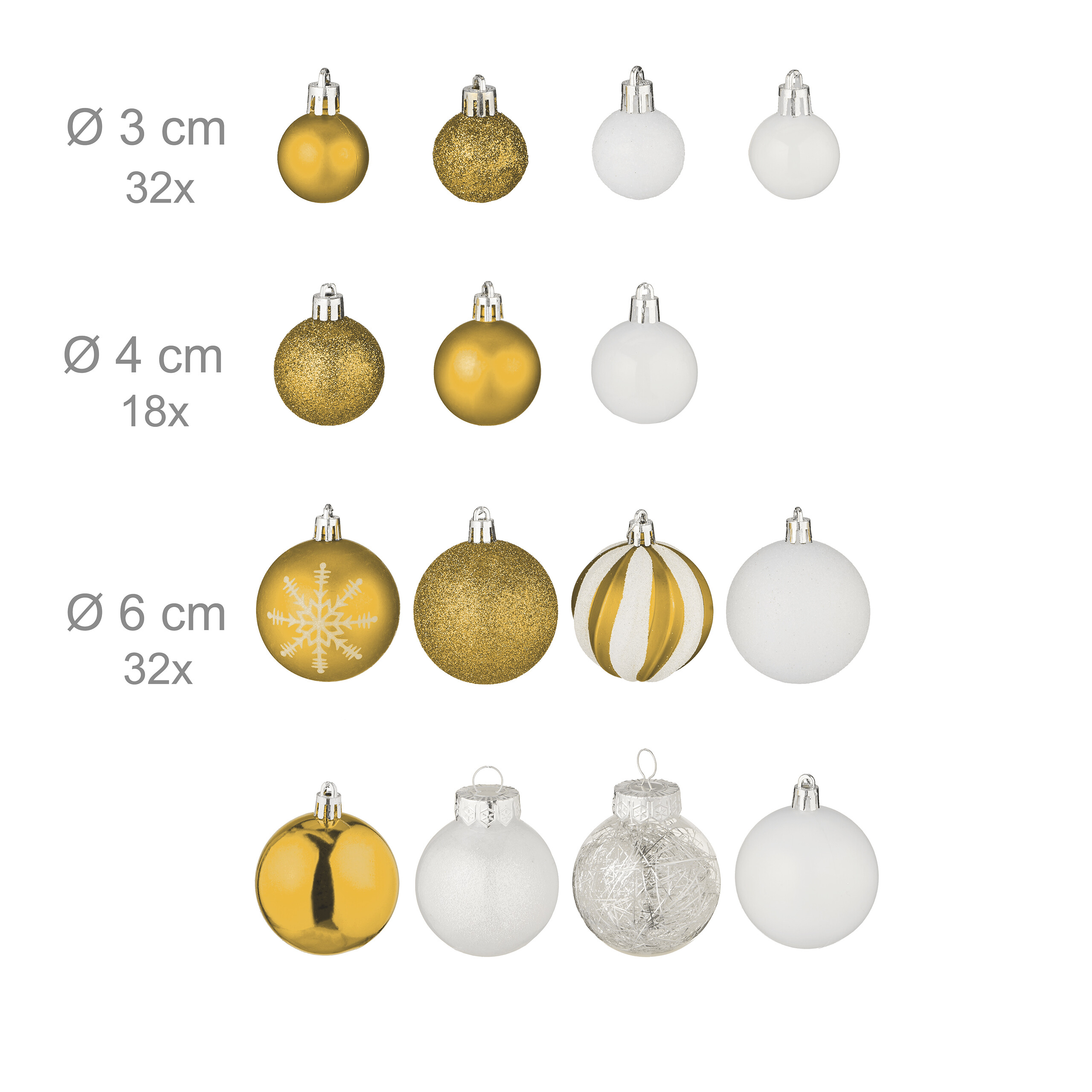 Goldene und weiße Weihnachtskugeln in verschiedenen Größen und Ausführungen.