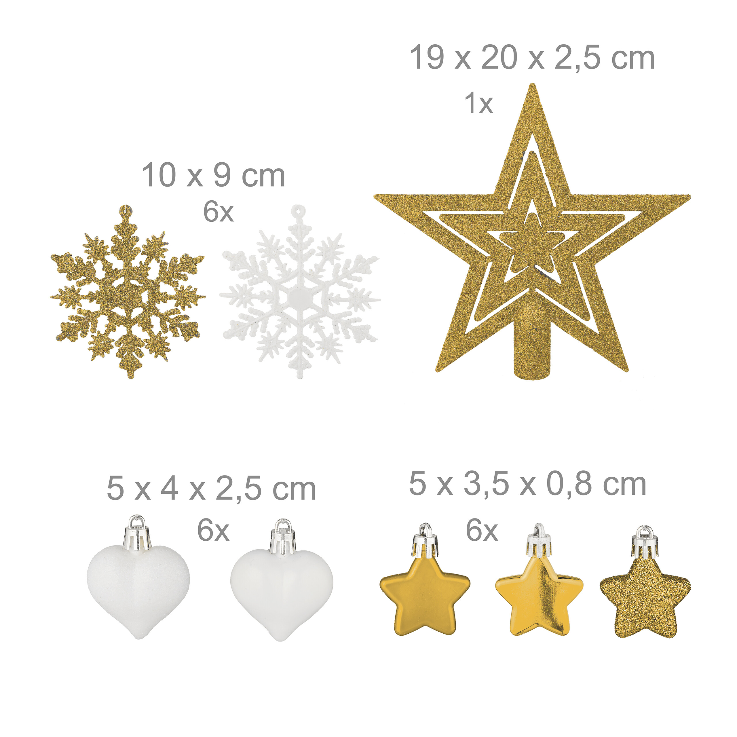 Goldene und weiße Weihnachtsbaumschmuck-Sets mit Maßen und Stückzahlen.