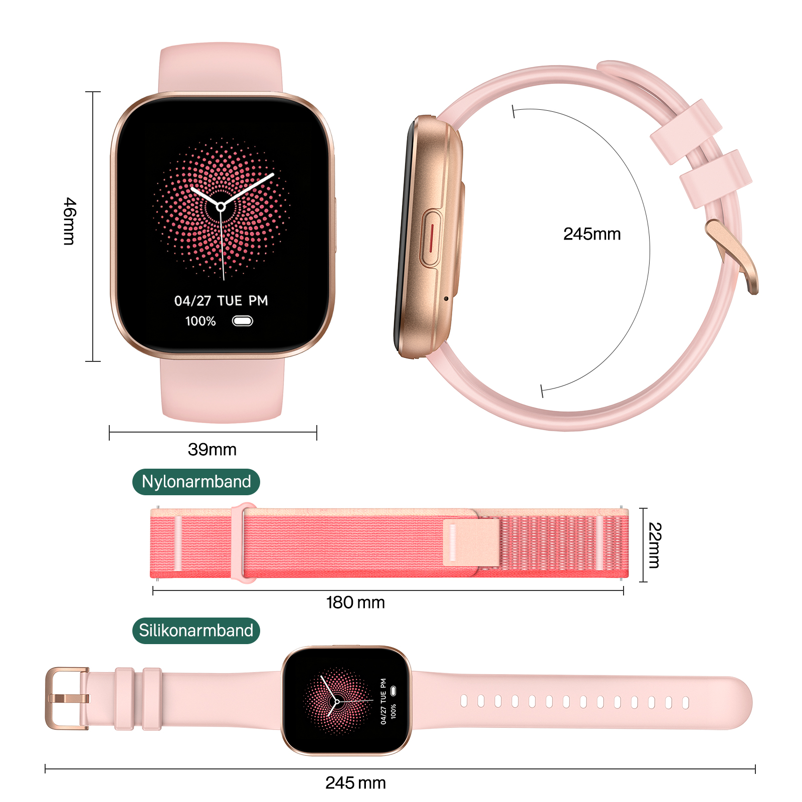 Rosa Smartwatch mit Maßen, Seitenansicht, Nylon- und Silikonarmbändern mit Abmessungen.