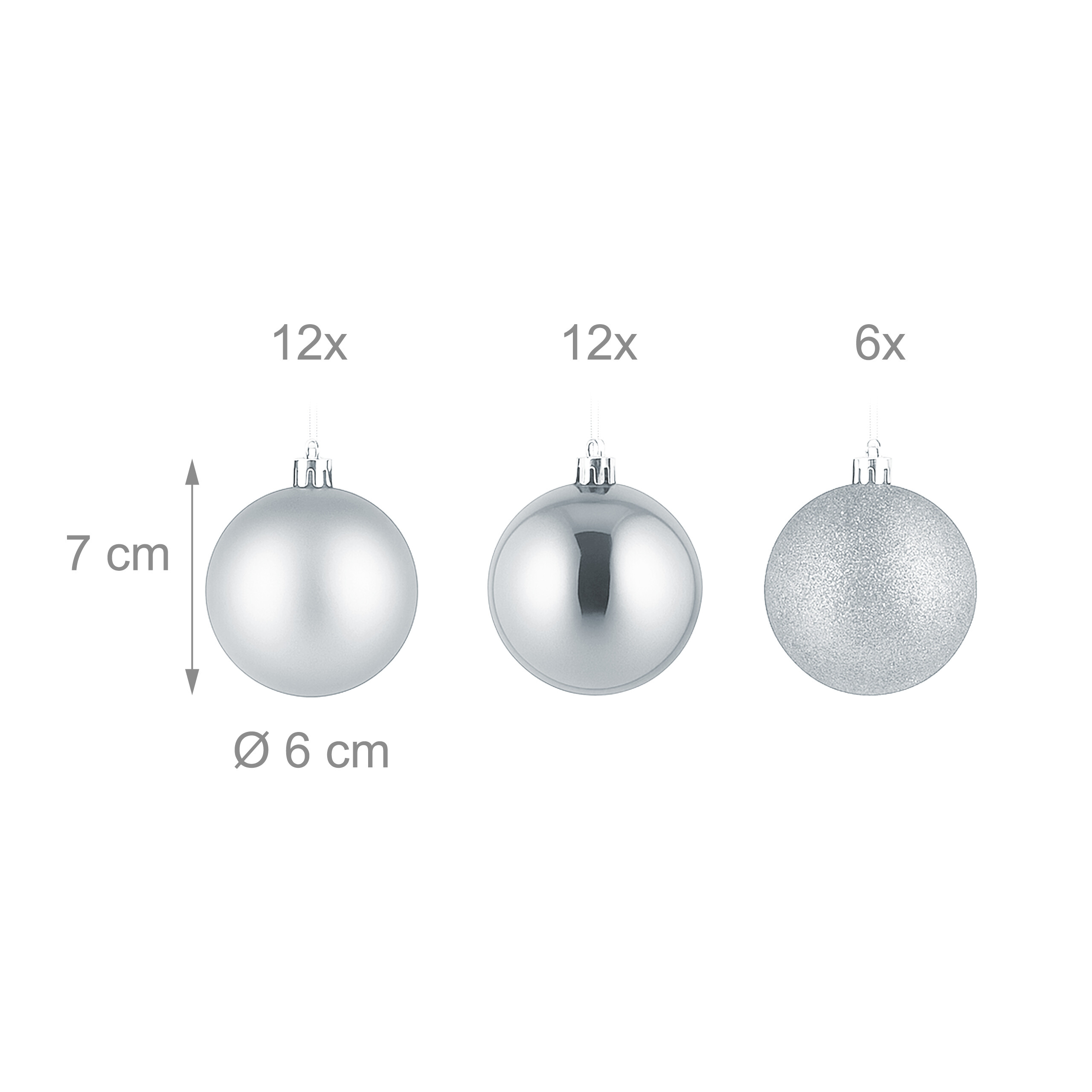 Drei silberne Weihnachtskugeln mit Maßen von 6 cm Durchmesser und 7 cm Höhe sowie Mengenangaben.
